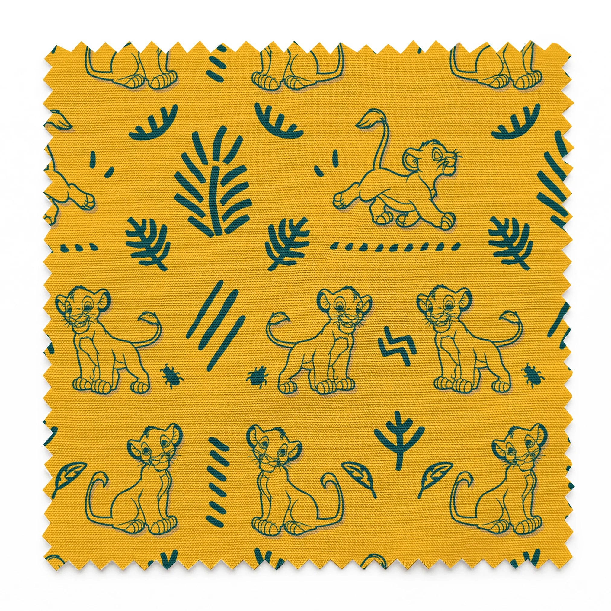 Pattern of cartoon lion cubs with green leaves and decorative elements on bright yellow background springs swatch pinked