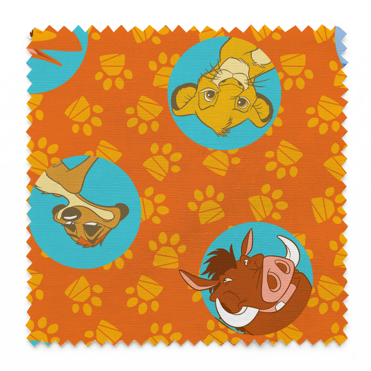 Cartoon animal characters in blue circles on orange background with yellow paw prints pattern springs swatch pinked