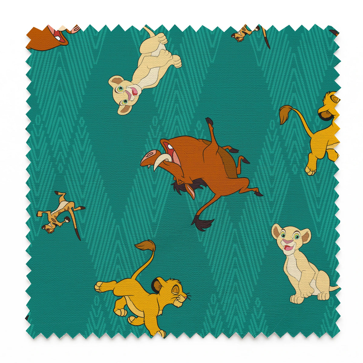 Lion cubs in various poses on teal zigzag background; yellow, cream, and brown lions jumping and sitting springs swatch pinked