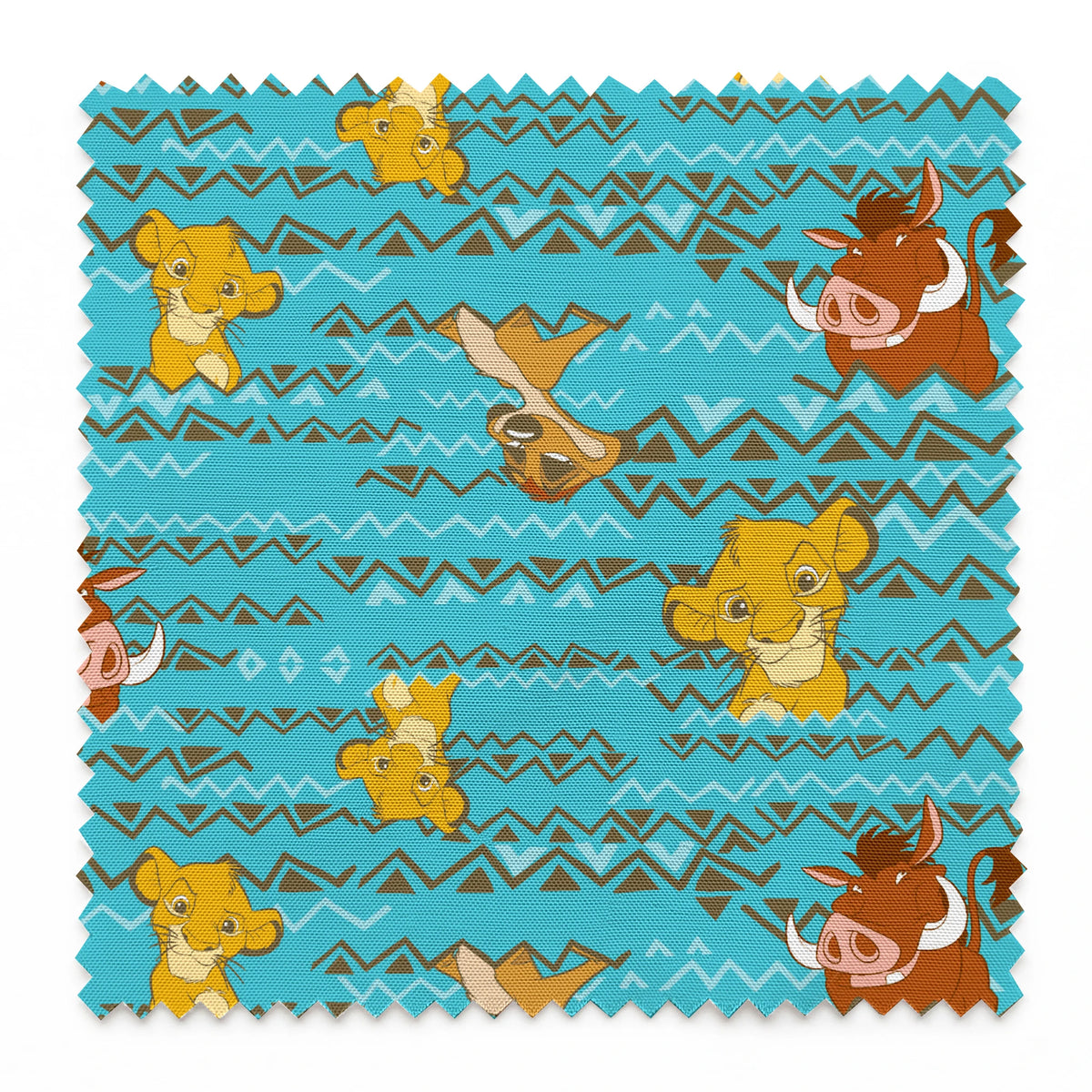 Lion King themed pattern with Simba and Timon characters on turquoise blue background with zigzag stripes springs swatch pinked