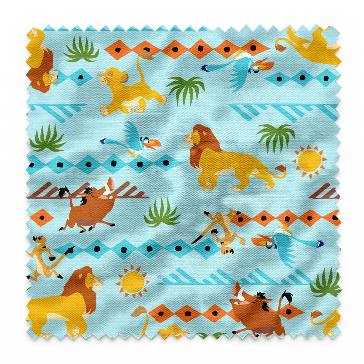 Colorful pattern with cartoon lions, palm trees, and sun designs on a light blue background springs swatch pinked