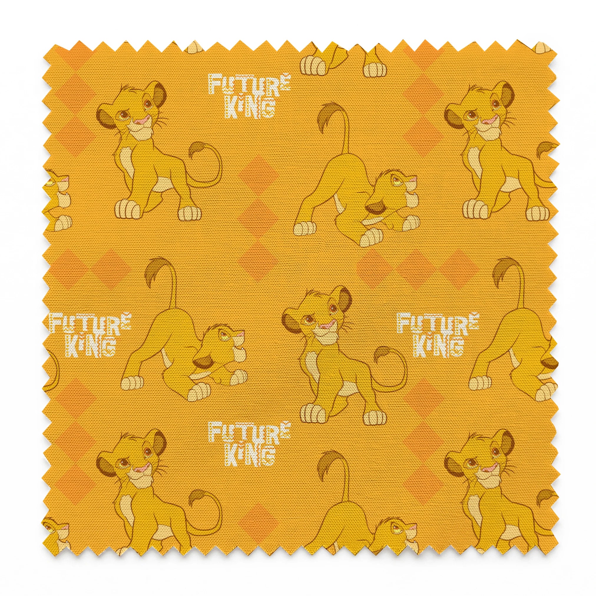 Young lion cub cartoon pattern on orange diamond background with "Future King" text springs swatch pinked