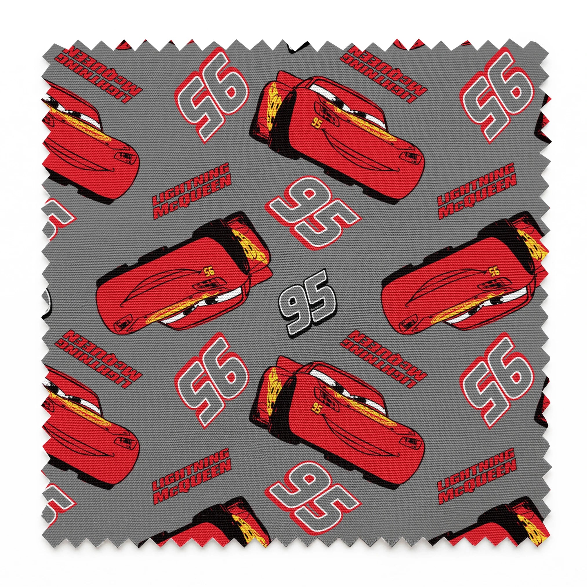 Lightning McQueen pattern with red race cars and number 95 on gray background springs swatch pinked