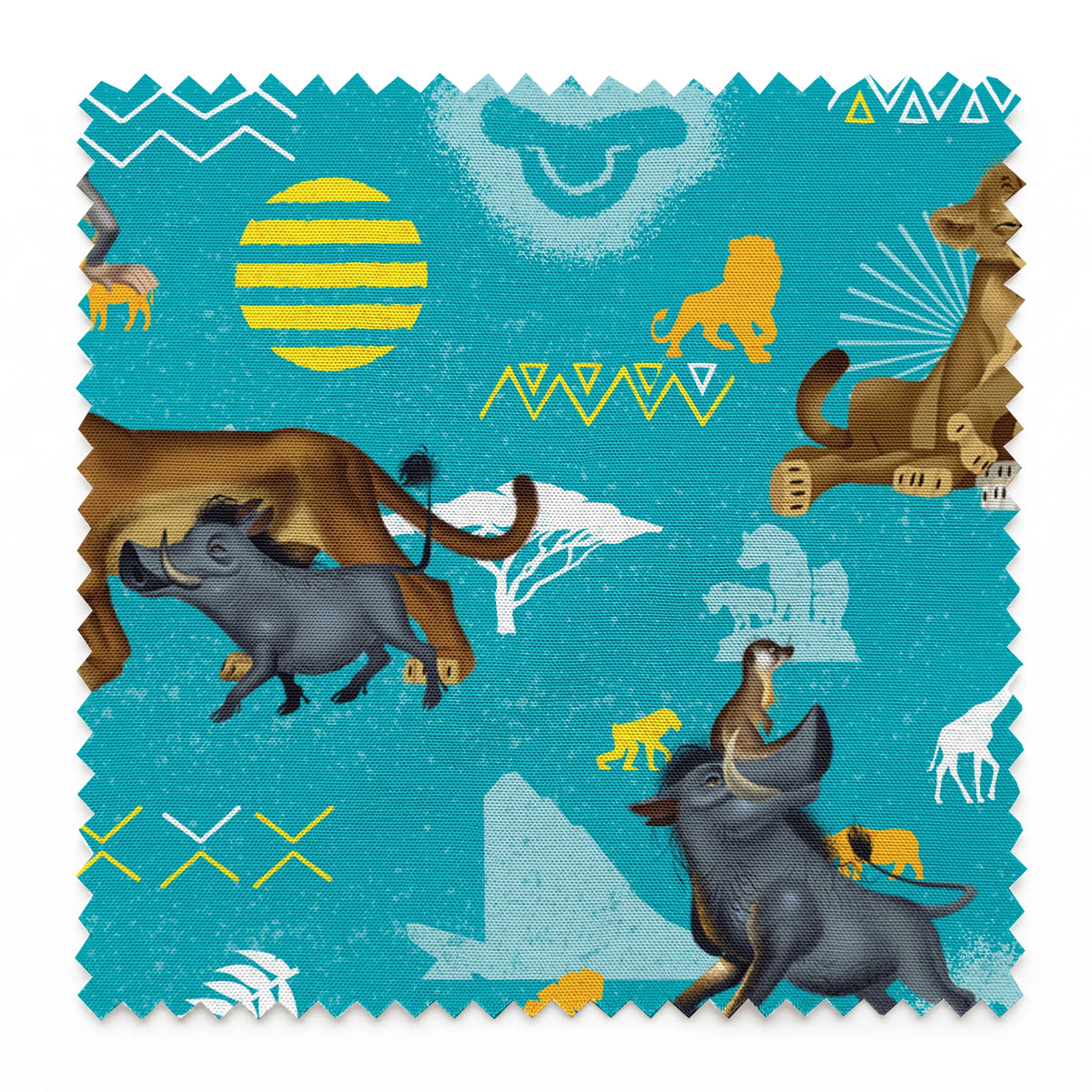 Animated lions pattern on turquoise background with geometric shapes and tribal designs springs swatch pinked