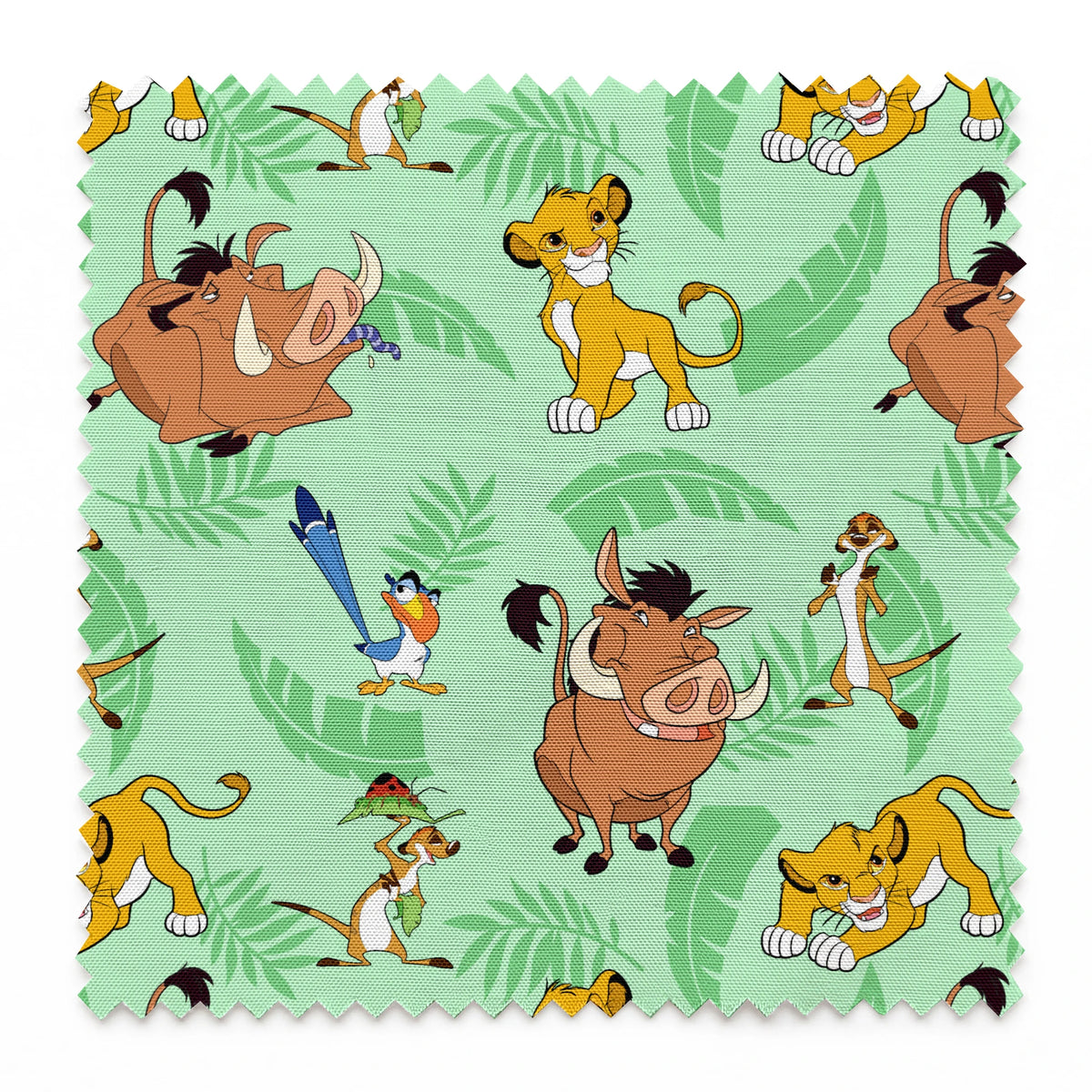 A repeating pattern of Lion King characters - Simba, Timon, Pumbaa, and Zazu on a light green leafy background. springs swatch pinked