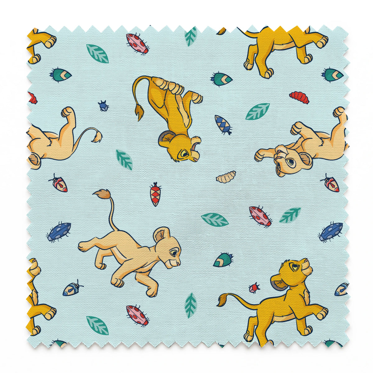 Lion cubs playing on light blue background with colorful leaves and plant elements scattered throughout springs swatch pinked