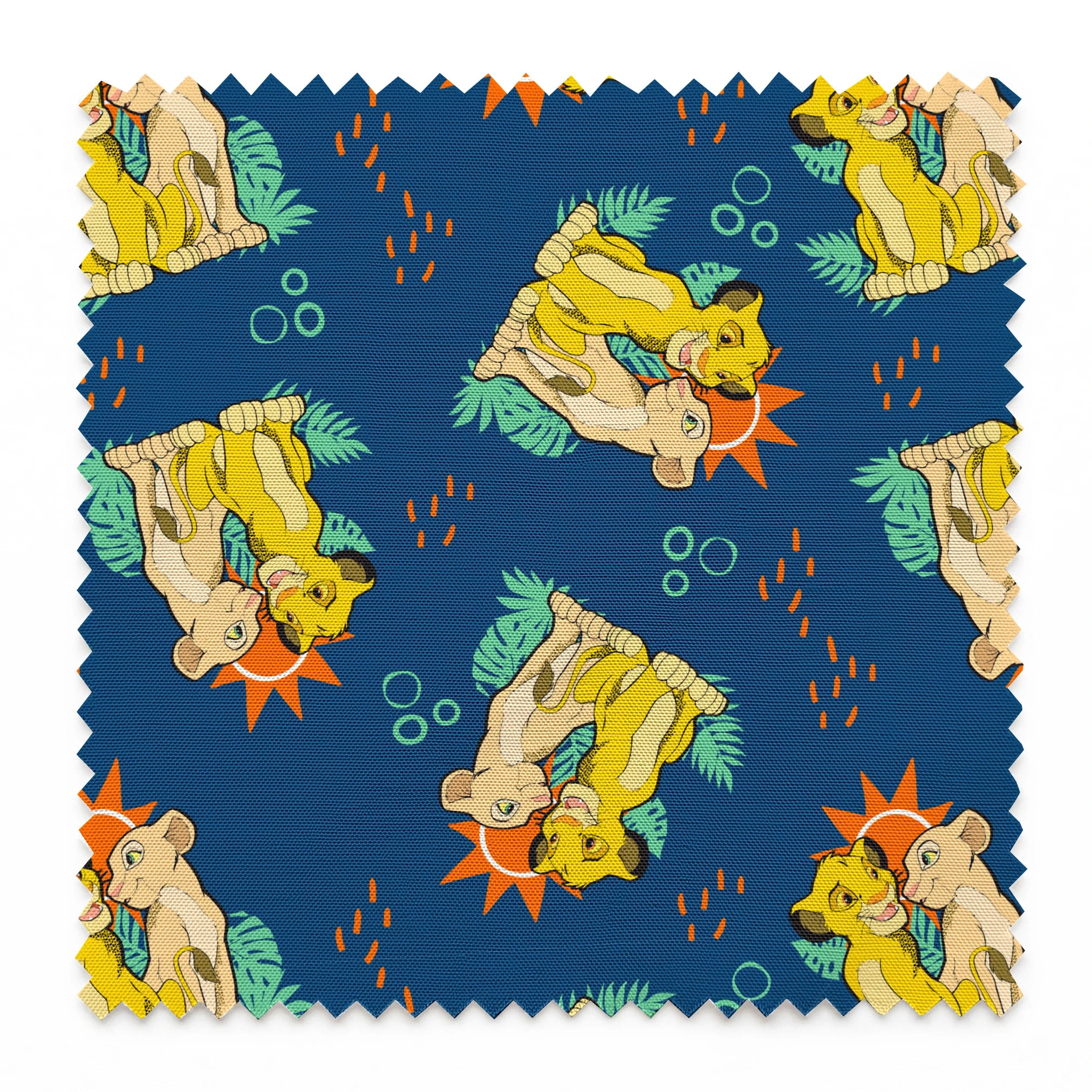 Yellow cartoon lions and pale yellow animals on teal background with tropical leaves, orange sun shapes and bubbles. springs swatch pinked