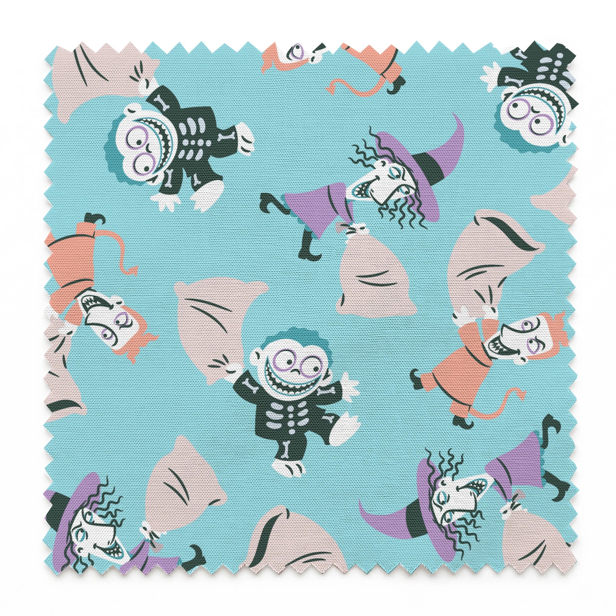 Whimsical pattern of cartoon characters in Halloween costumes on light blue background springs swatch pinked