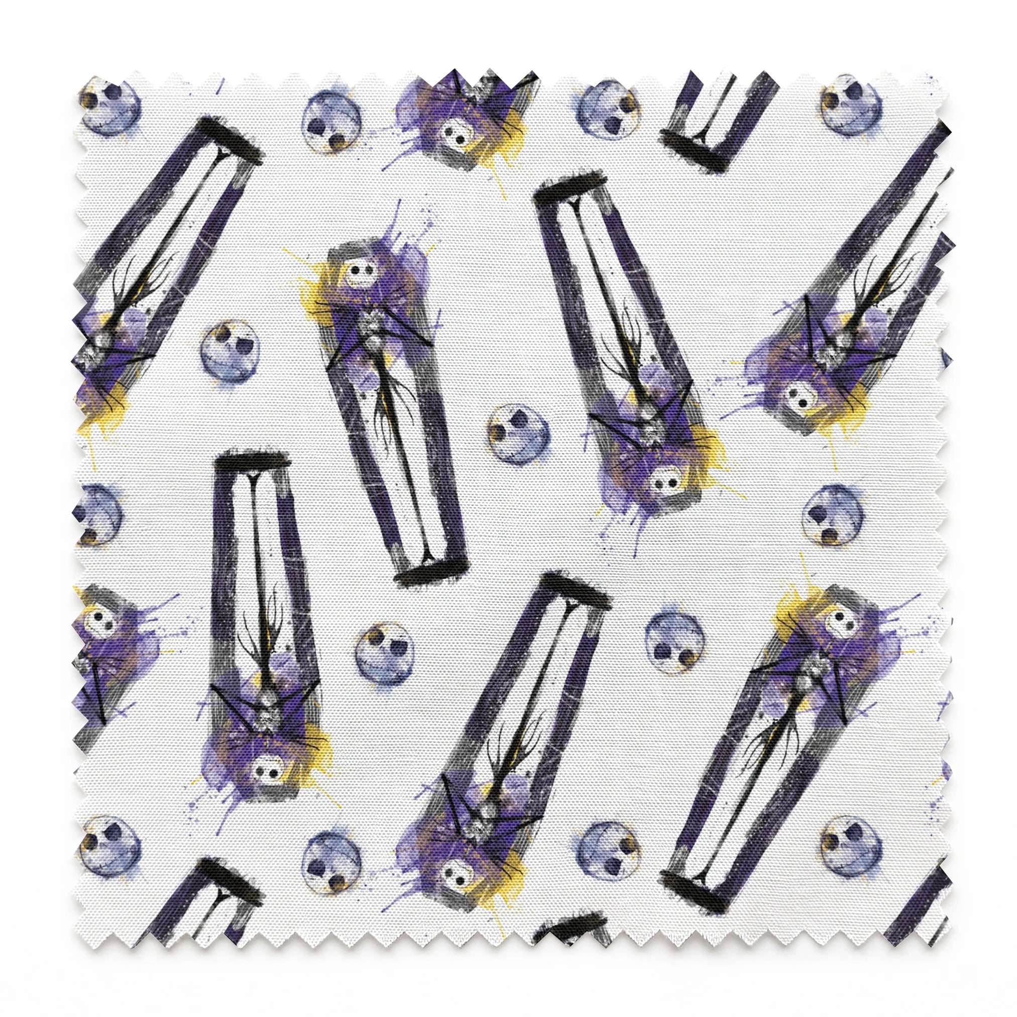 Repeating pattern of stylized gothic figures in black and purple with skull-like faces on white background springs swatch pinked