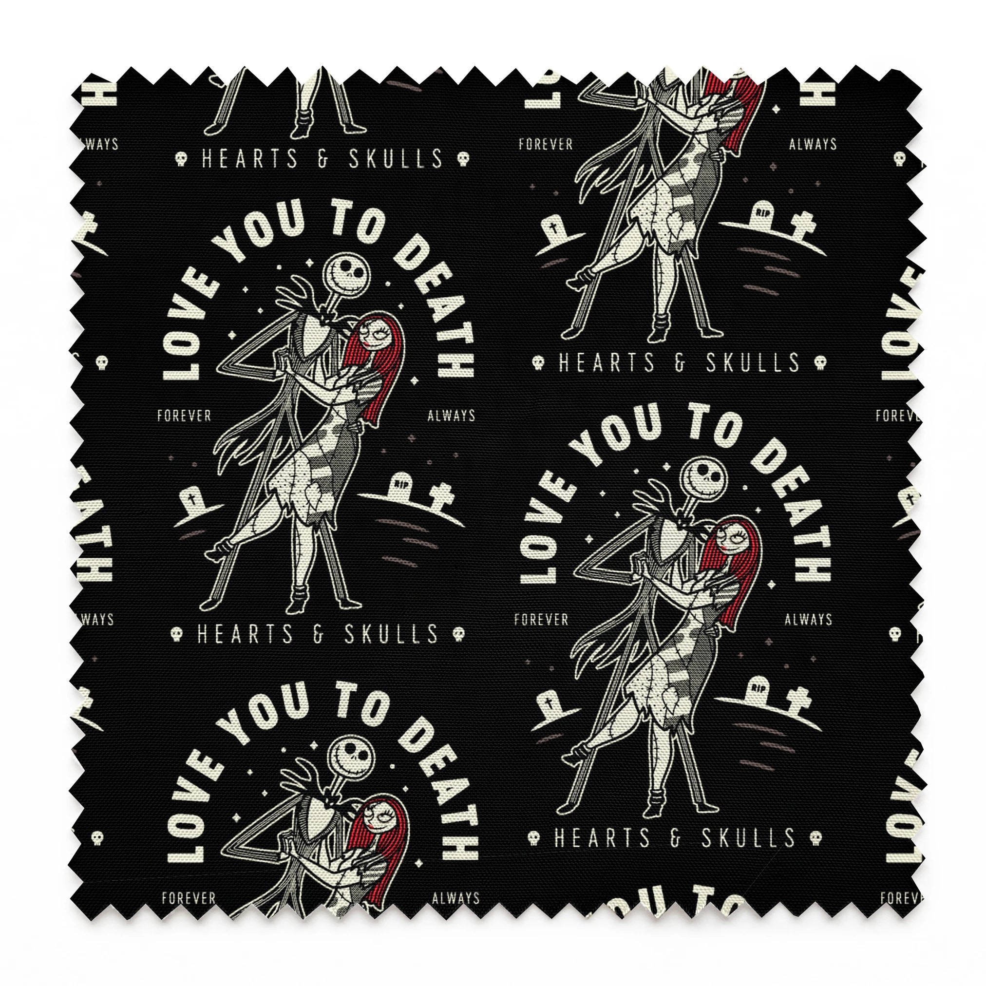 Repeating pattern of skeletal figures holding red hearts with "LOVE YOU TO DEATH" text on black background springs swatch pinked