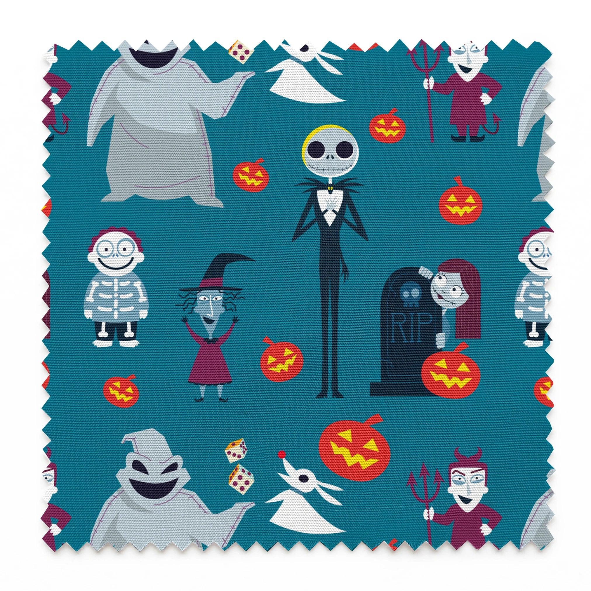 Halloween characters pattern with ghost, skeleton, witch, and pumpkins on teal background in cartoon style springs swatch pinked