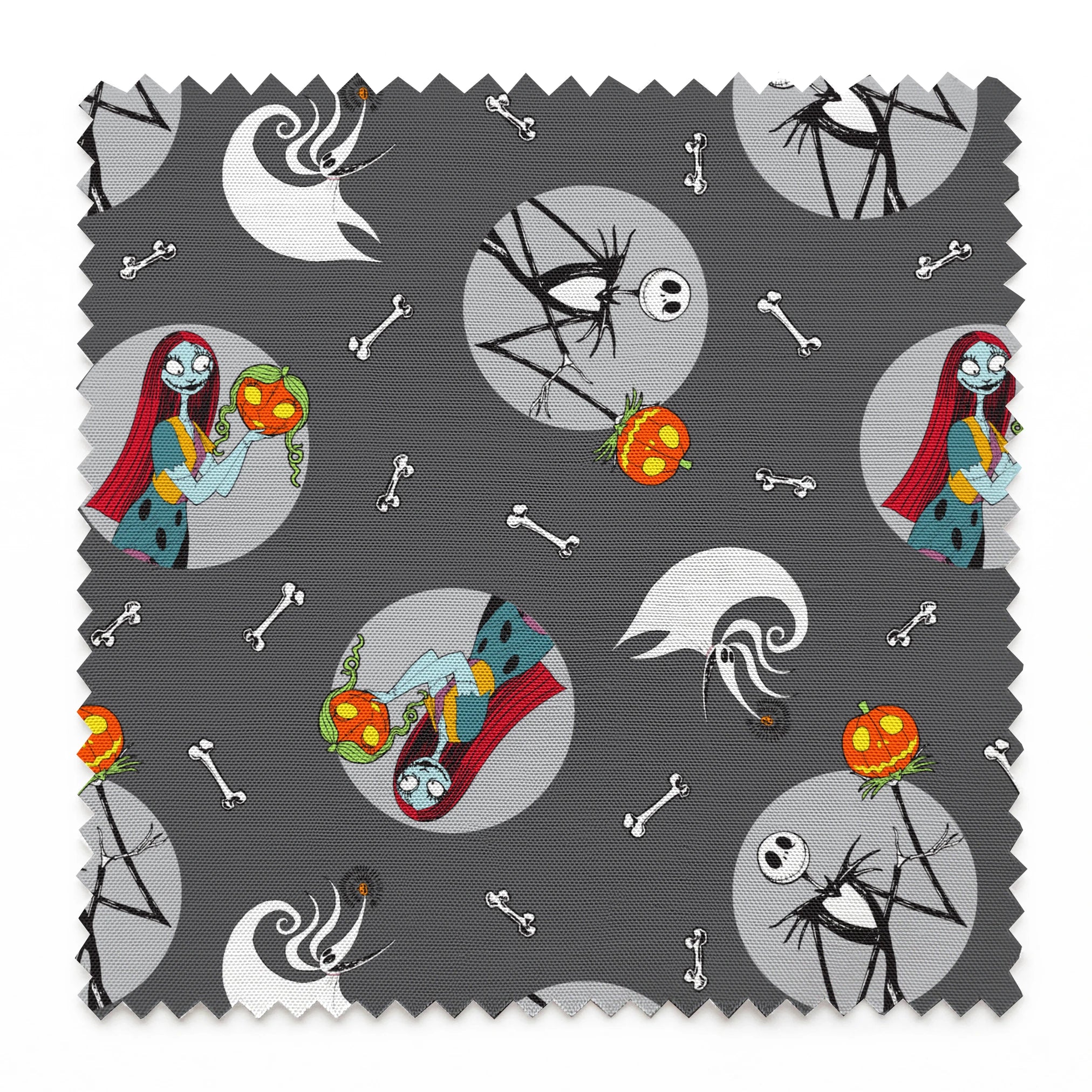 Nightmare Before Christmas themed pattern with Sally and Jack Skellington, pumpkins, bones, and ghostly designs on gray background springs swatch pinked