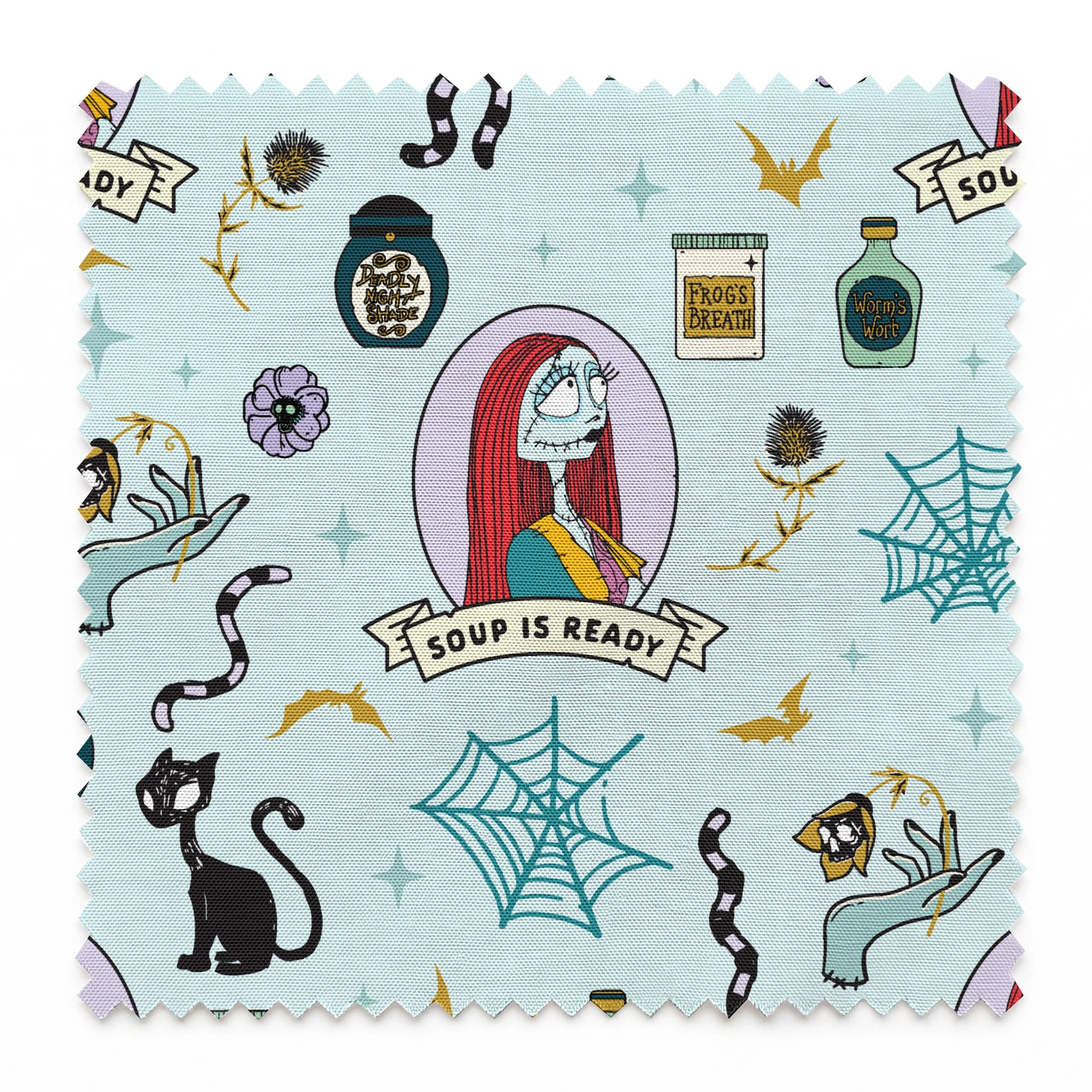 Whimsical pattern with skeletal figure in oval frame, black cats, spiderwebs, potion bottles, and "Soup is Ready" banners on light blue background. springs swatch pinked
