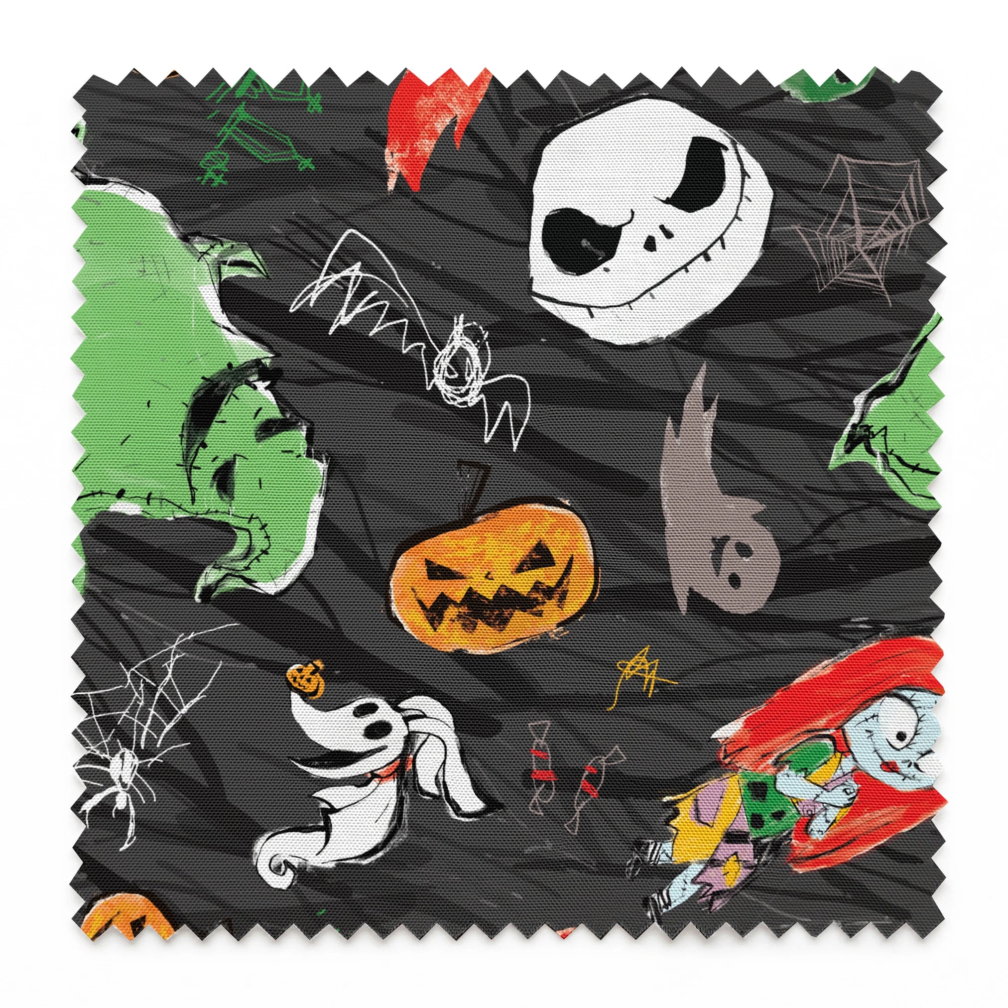 Nightmare Before Christmas pattern with Jack's face, green ghosts, orange pumpkins, spiders, and white ghosts on dark gray background springs swatch pinked