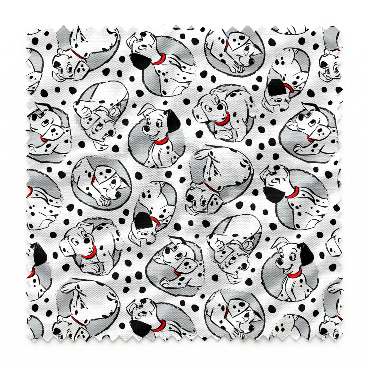Cartoon pattern of Dalmatian puppies with black spots and red collars on white background springs swatch pinked