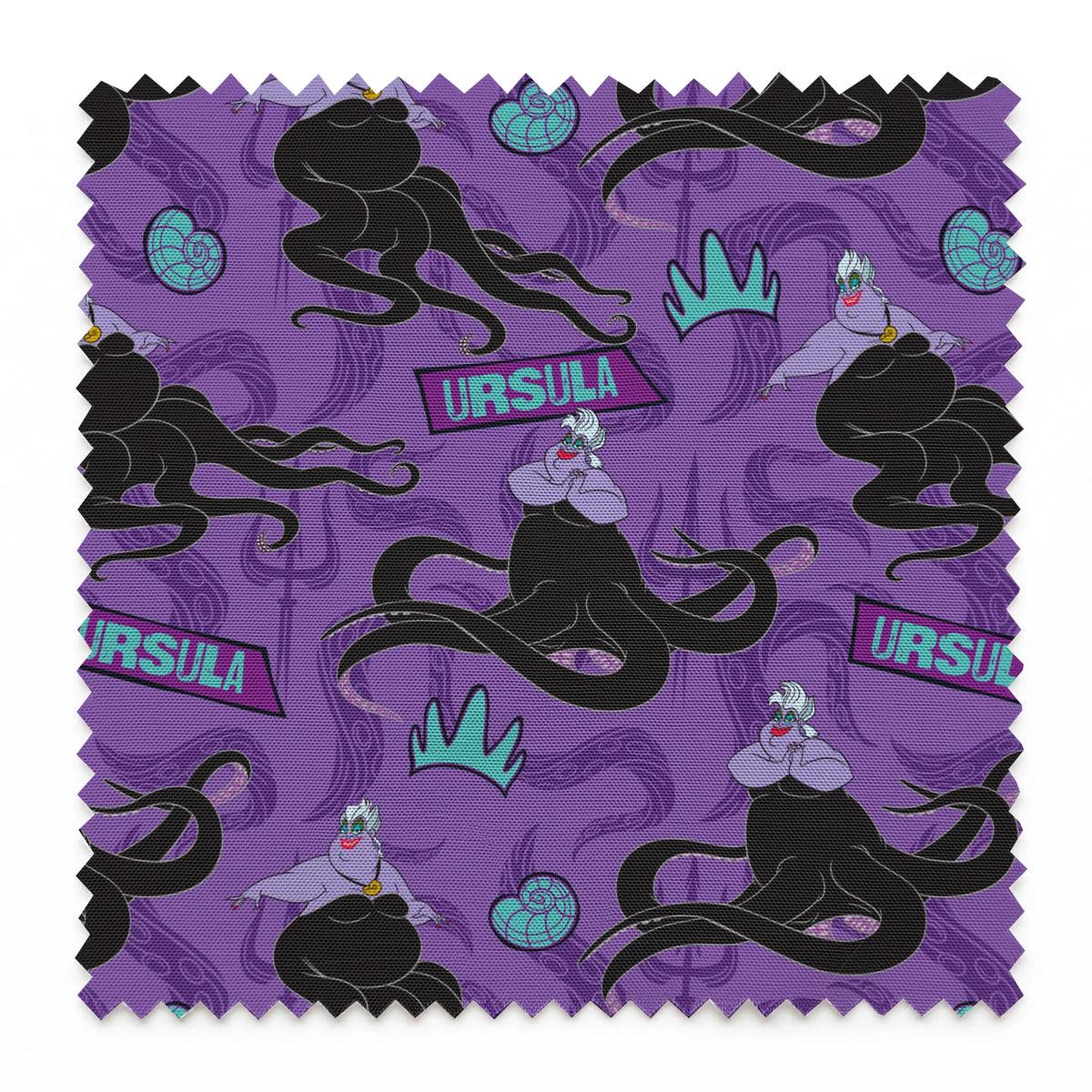 Purple background with Ursula silhouettes, tentacles, turquoise crowns, and name plates in repeating pattern springs swatch pinked