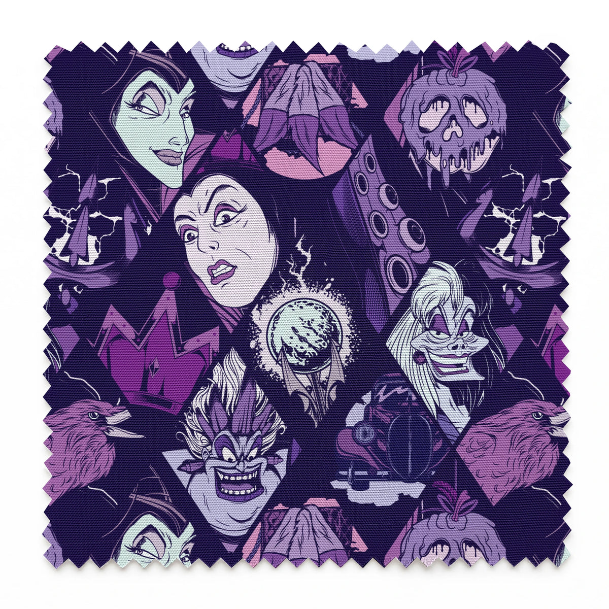 Stylized Disney villains in purple tones featuring evil queens, monsters, and creatures with sinister expressions. springs swatch pinked