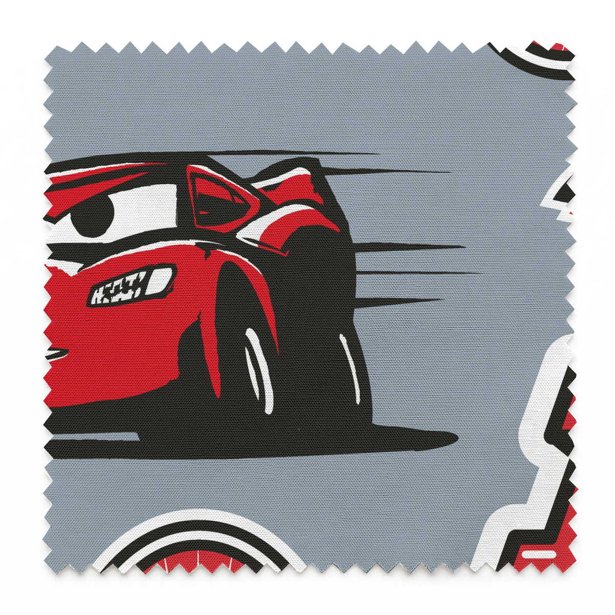 Racing pattern with red cars, checkered flags, speedometers, and racing emblems on gray background springs swatch pinked