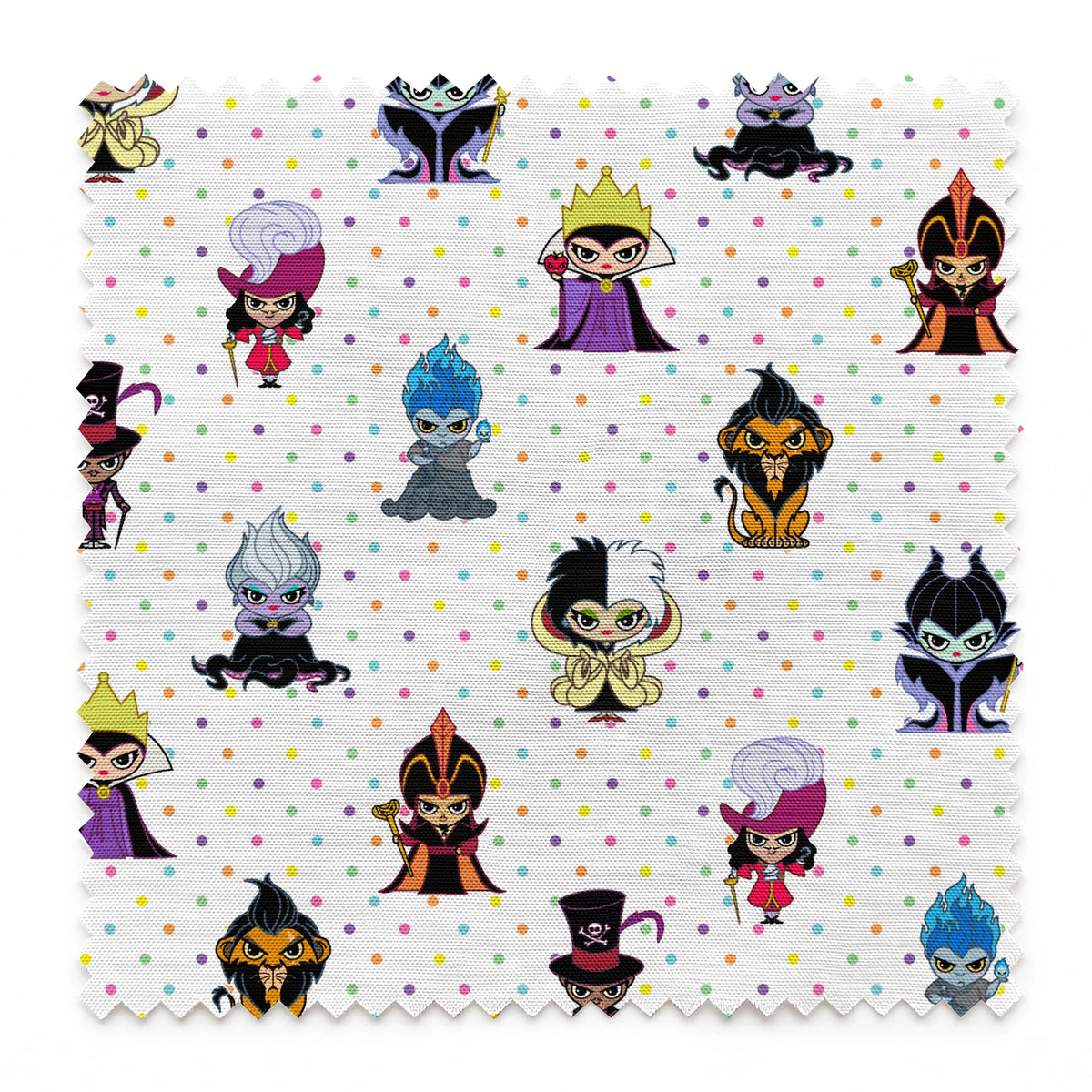 Cartoon Disney villain characters in chibi style scattered on polka dot background, including figures with crowns, capes, and distinctive colorful designs springs swatch pinked