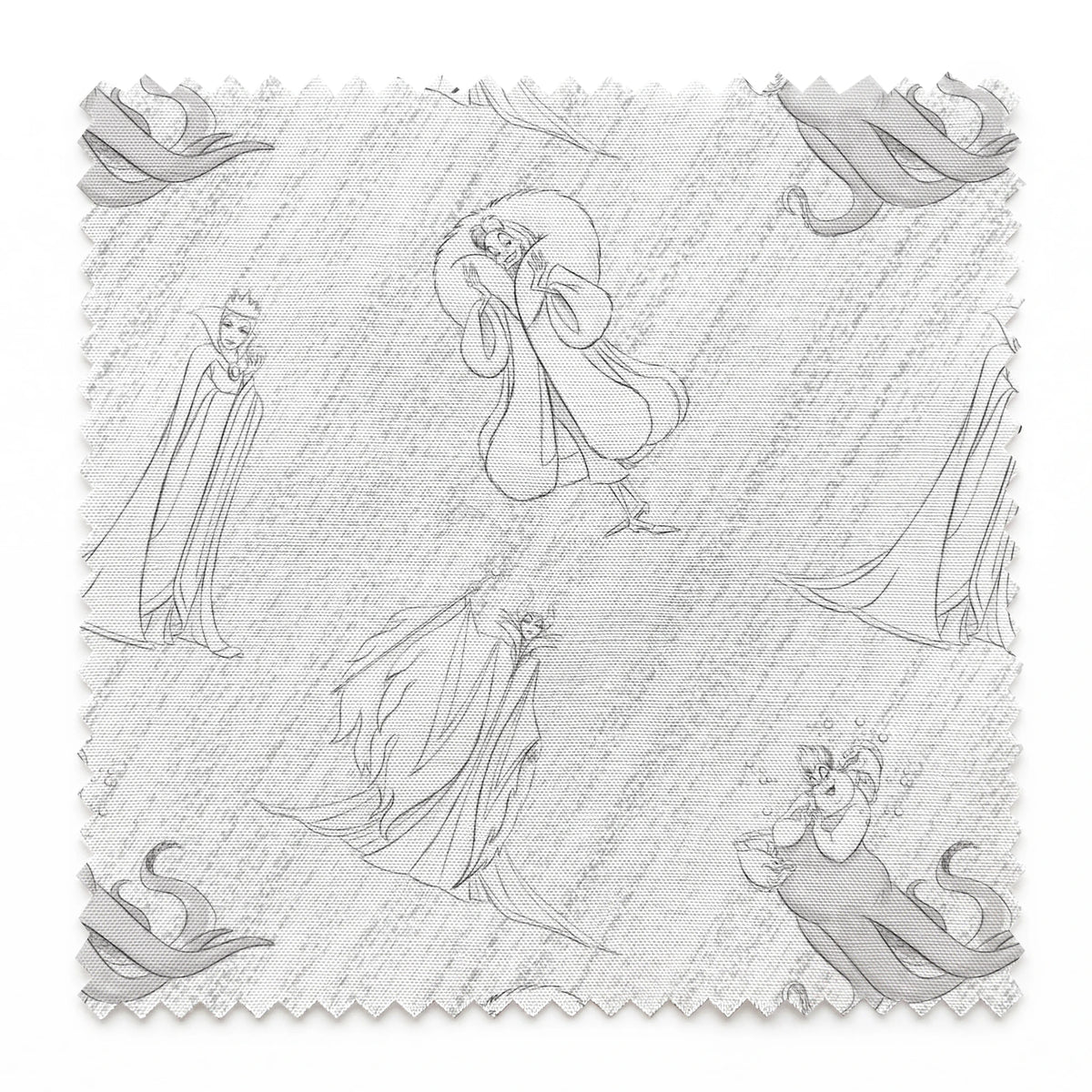 Sketched Disney villains scattered across a textured diagonal background in grayscale springs swatch pinked