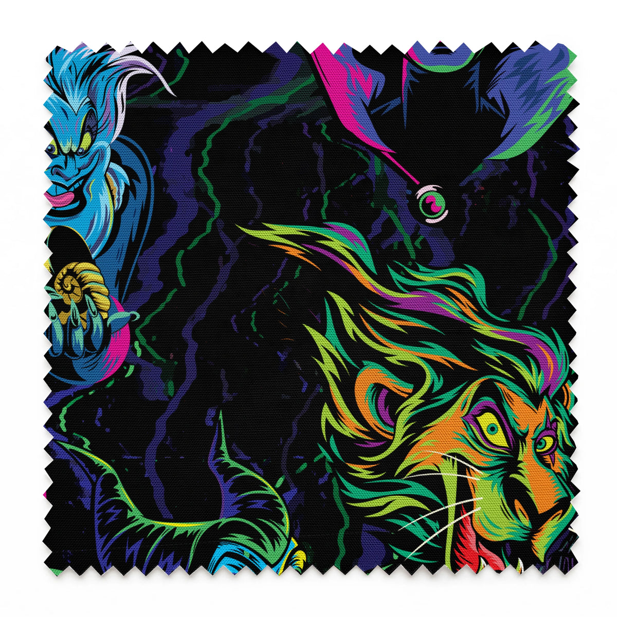 Colorful Disney villains in neon colors against black background springs swatch pinked