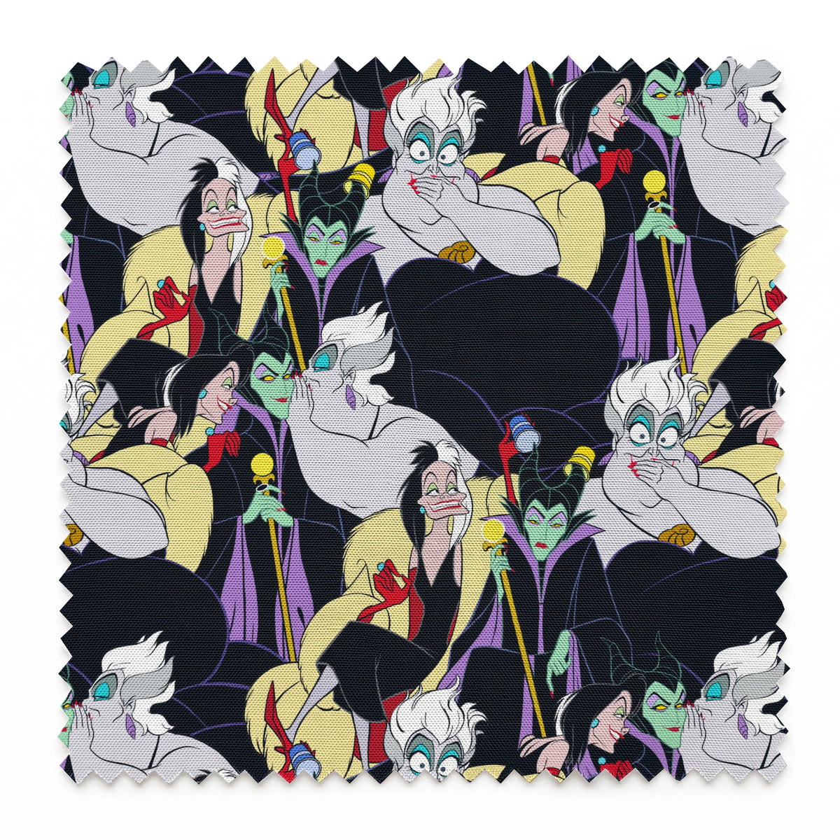 Colorful pattern of Disney villains including Ursula, Maleficent, and Cruella de Vil on dark background springs swatch pinked