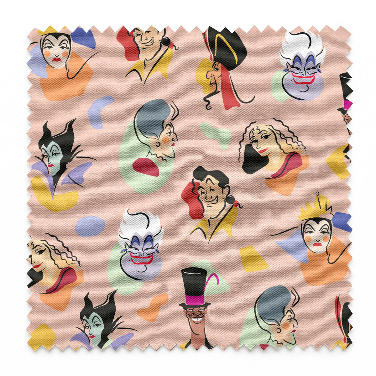 Colorful pattern of Disney villains including Evil Queen, Gaston, Jafar, Ursula, and Maleficent on pink background springs swatch pinked