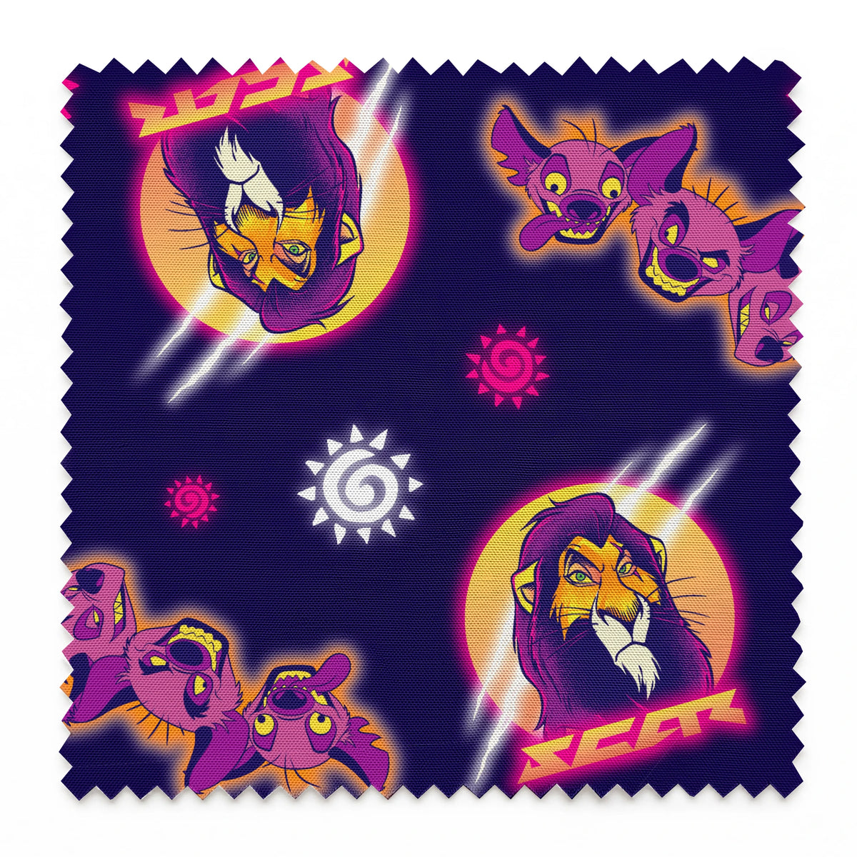Lion and hyena characters pattern with suns on purple background, Disney's Lion King inspired design springs swatch pinked