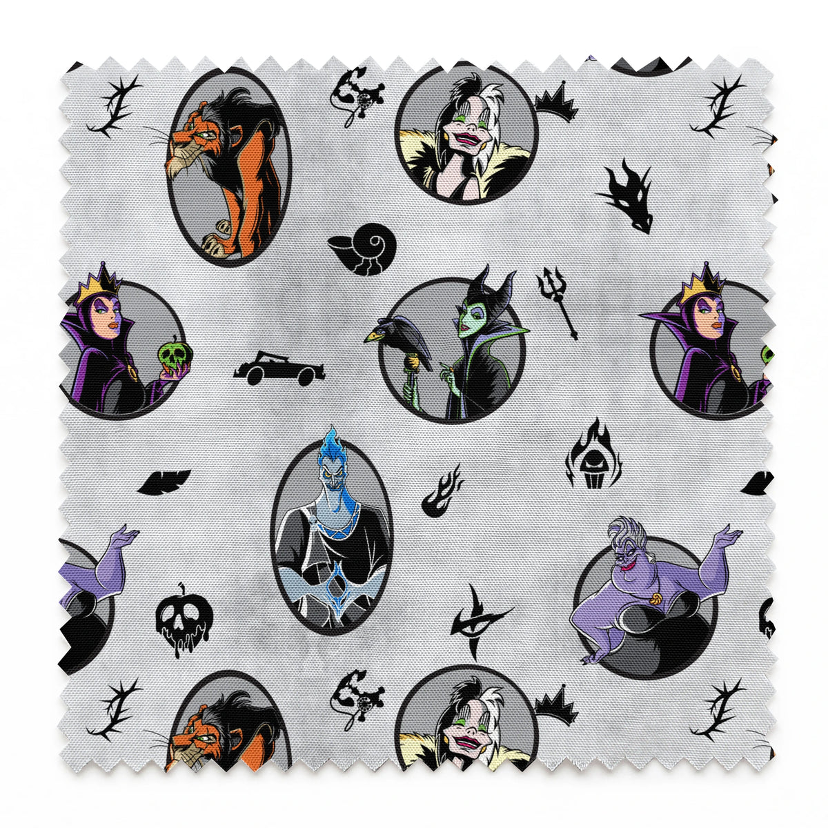 Disney villain characters in circular portraits on a gray background with spooky silhouette symbols springs swatch pinked