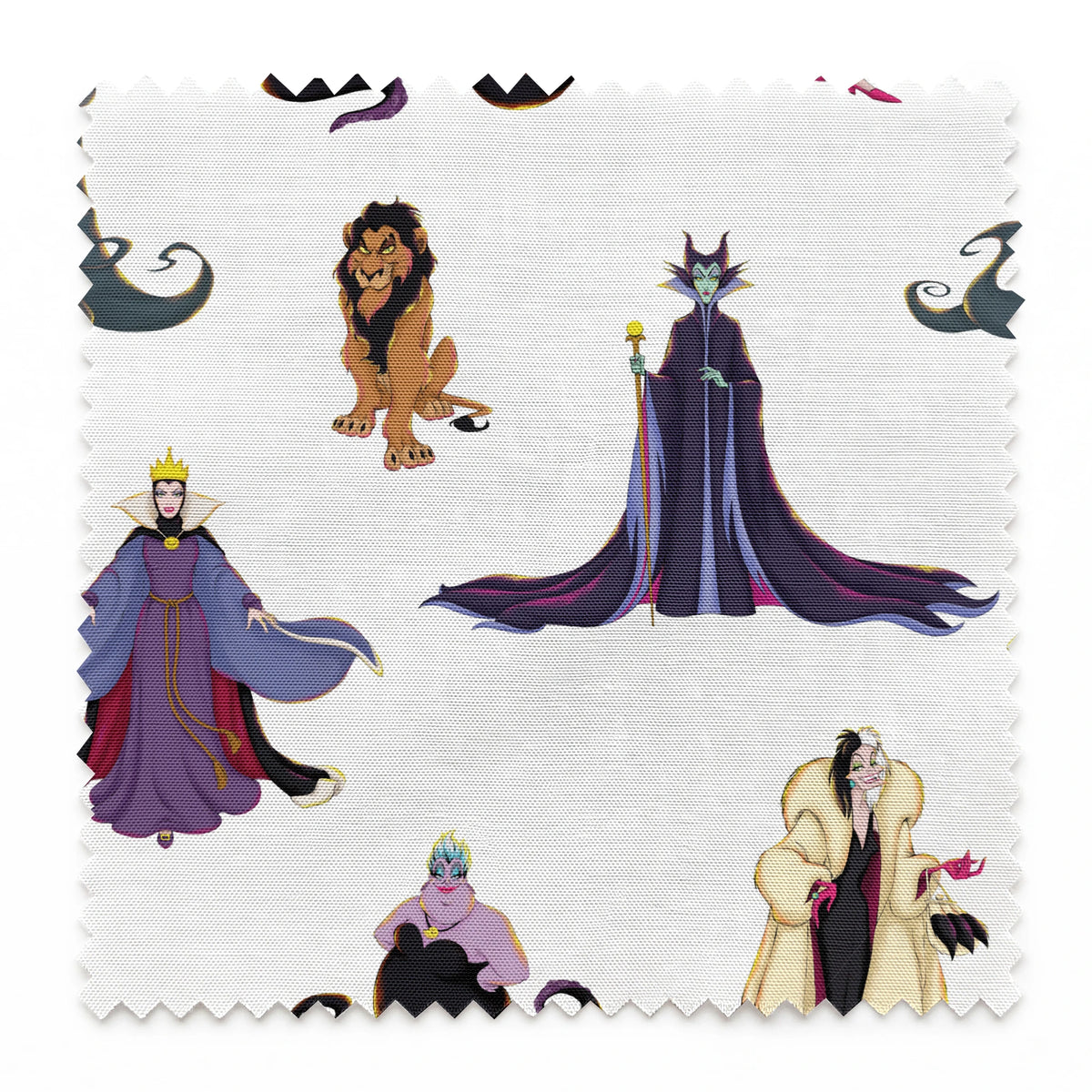 Disney villains pattern with Evil Queen, Scar, Maleficent, Ursula, and Cruella on white background springs swatch pinked