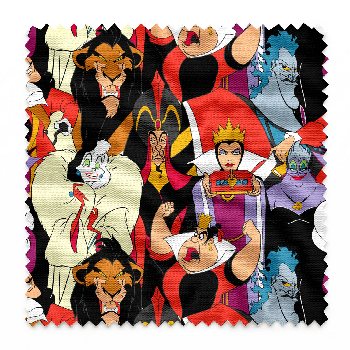 Disney villains collage featuring colorful animated characters with distinct evil expressions and iconic costumes. springs swatch pinked