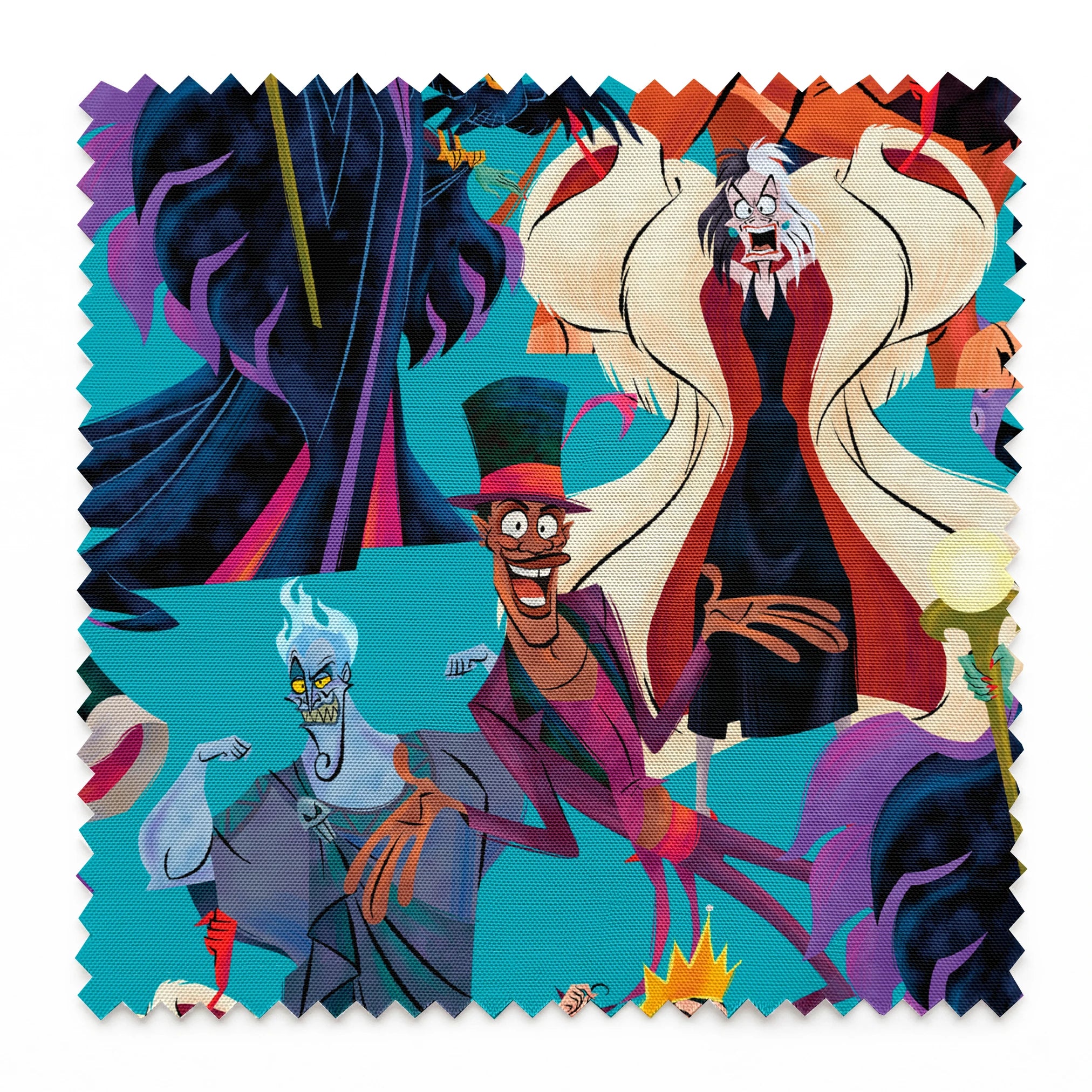 Disney Villains like Ursula, Maleficent, and Hades on a turquoise background in a colorful character pattern. springs swatch pinked