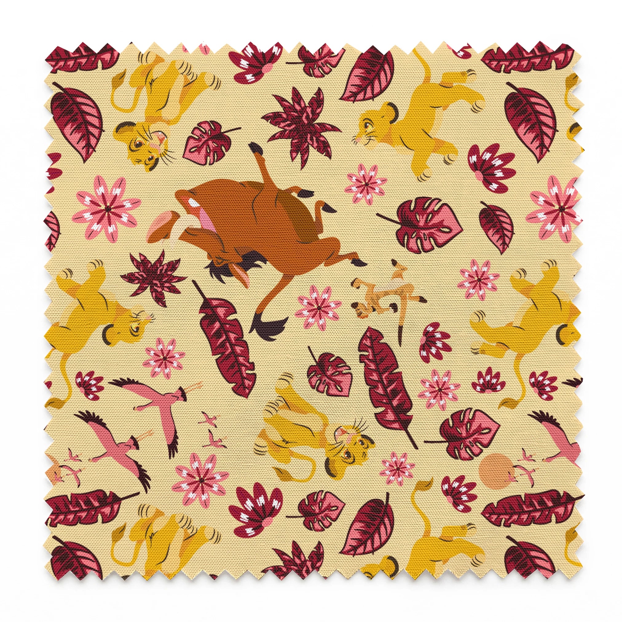 Decorative pattern with lions, gazelles, and boars in yellows and browns among maroon leaves and pink flowers springs swatch pinked
