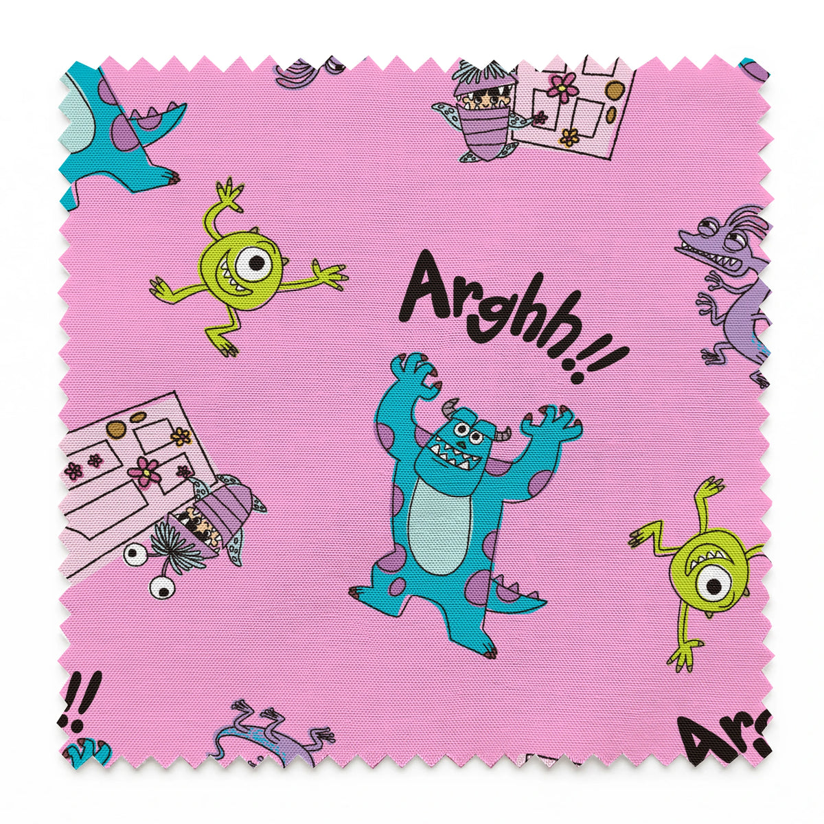 Cartoon monster pattern with blue creatures, green one-eyed characters, and "Arghh!!" text on pink background springs swatch pinked