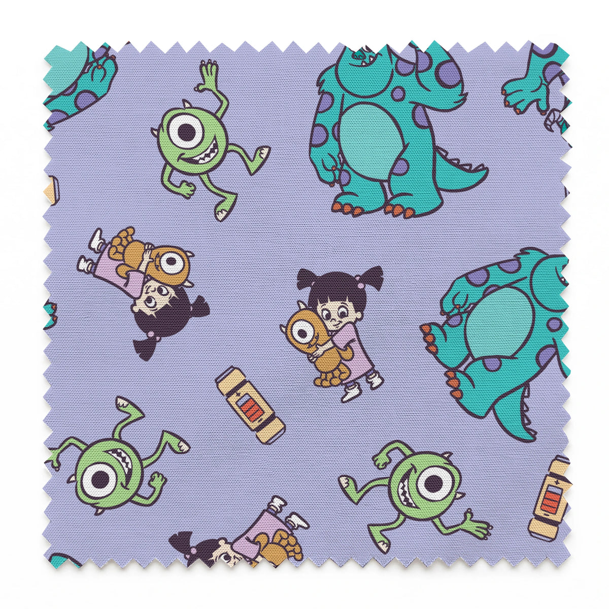 Cartoon pattern of Monsters Inc characters - Mike, Sulley, and Boo - on a purple background springs swatch pinked
