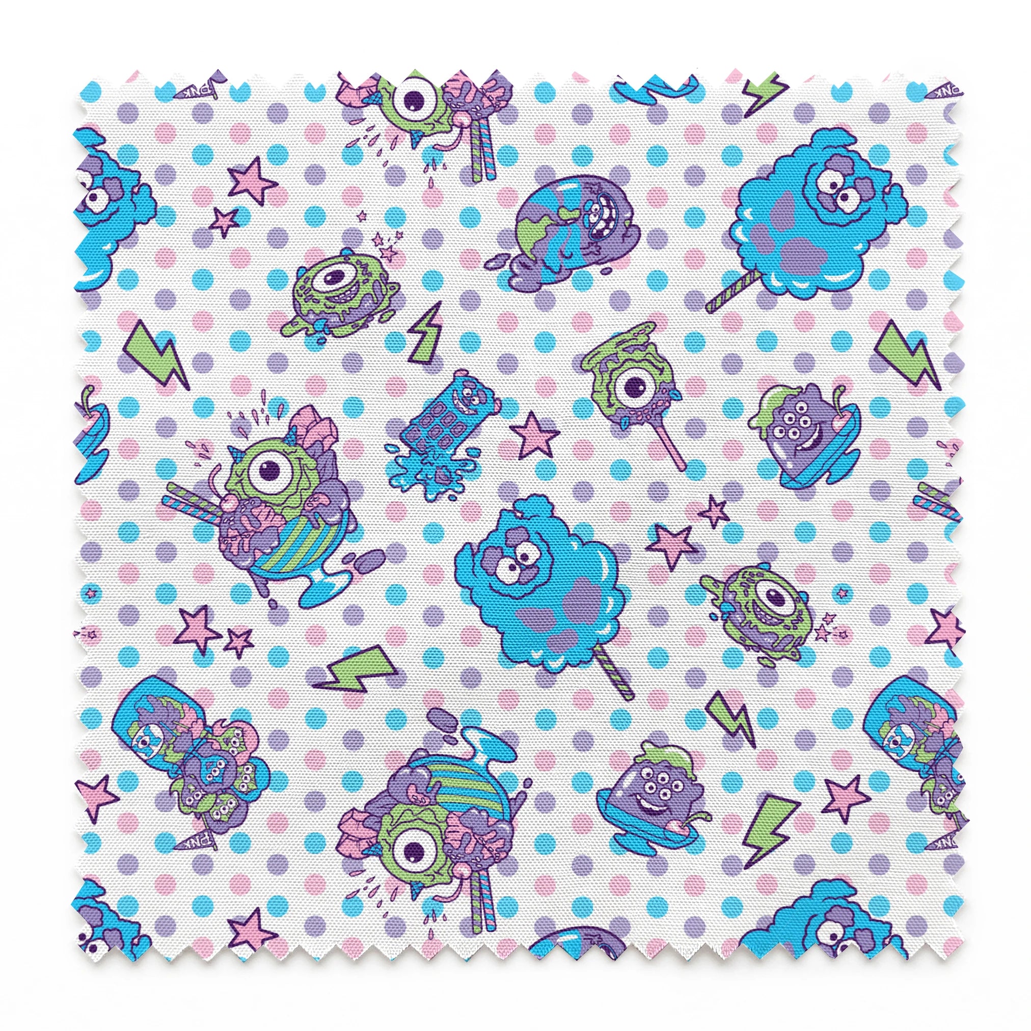 Monsters Inc inspired desserts, stars and lightning bolts on polka dot background springs swatch pinked