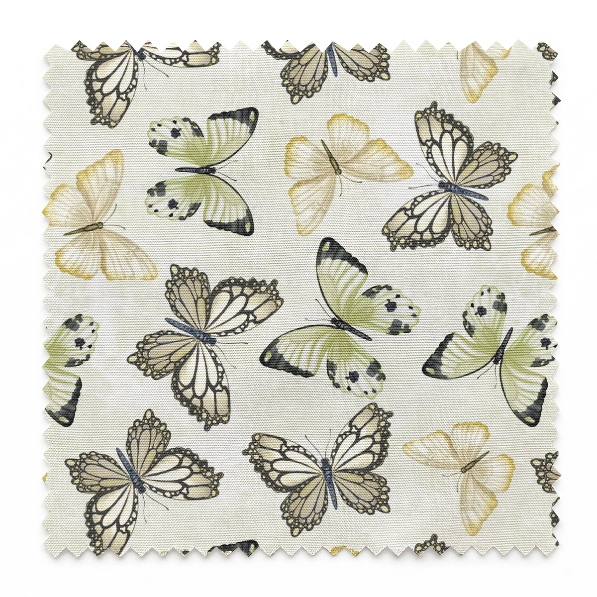 Illustrated butterfly pattern by Nicole Tamarin with soft sage green and neutral tones on a textured cream background. springs swatch pinked