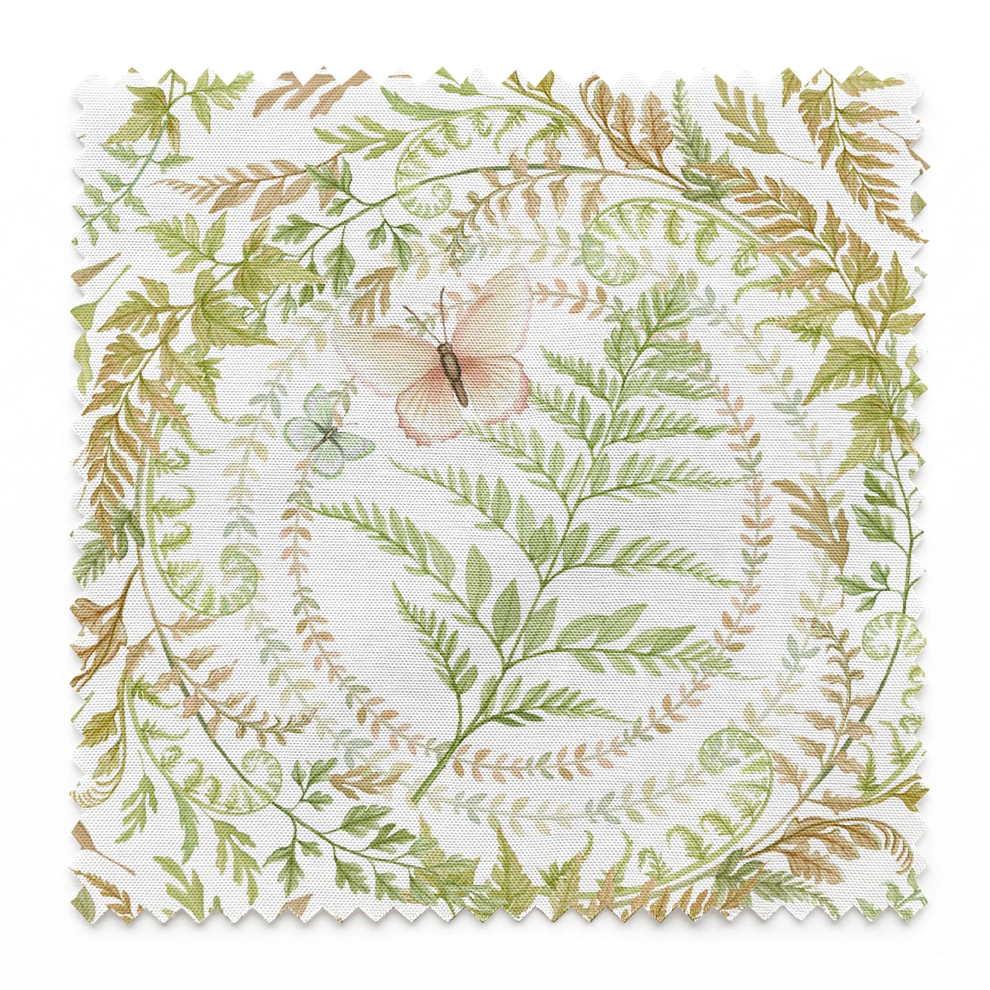 Circular botanical design featuring green ferns and blush butterflies on a white background in a Nicole Tamarin pattern. springs swatch pinked