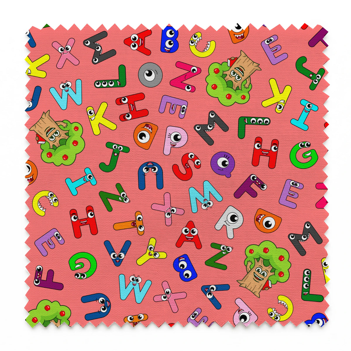 Colorful alphabet pattern with cartoon letter characters on bright pink background springs swatch pinked