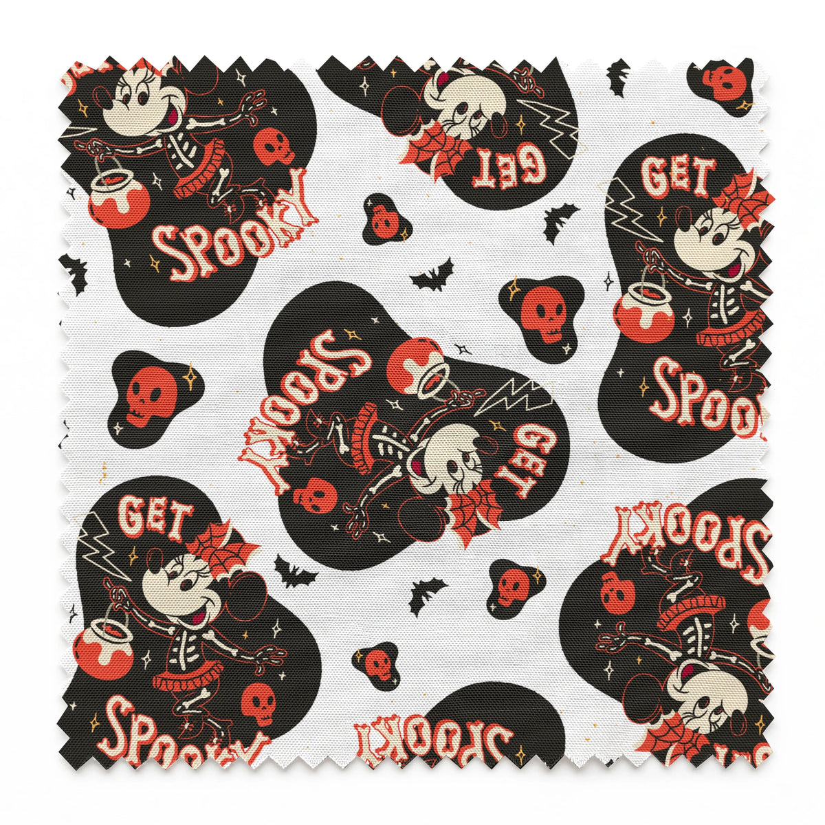 Halloween pattern with Minnie Mouse shapes, "Get Spooky" text, skulls, bats, and hearts on white background springs swatch pinked