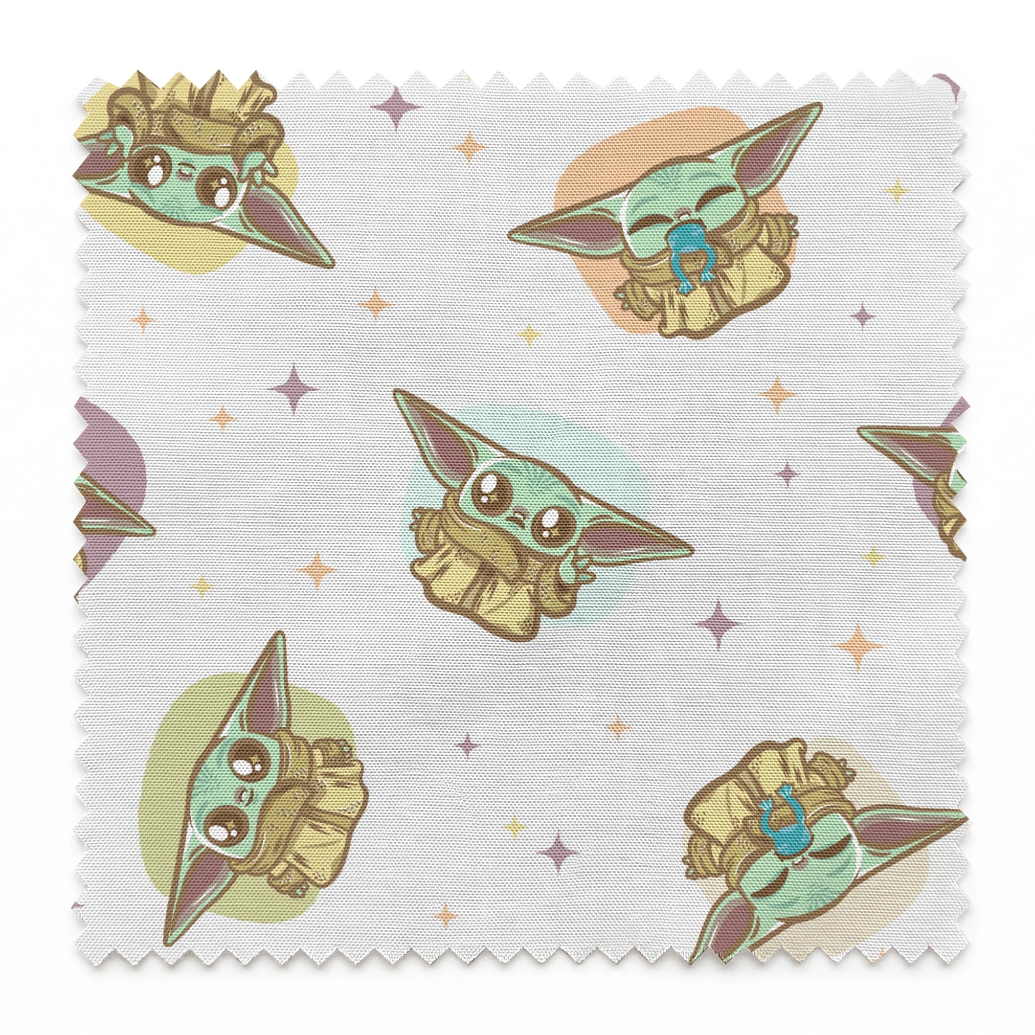 Cute cartoon characters in floating pods with big ears against a starry background, pastel colors springs swatch pinked