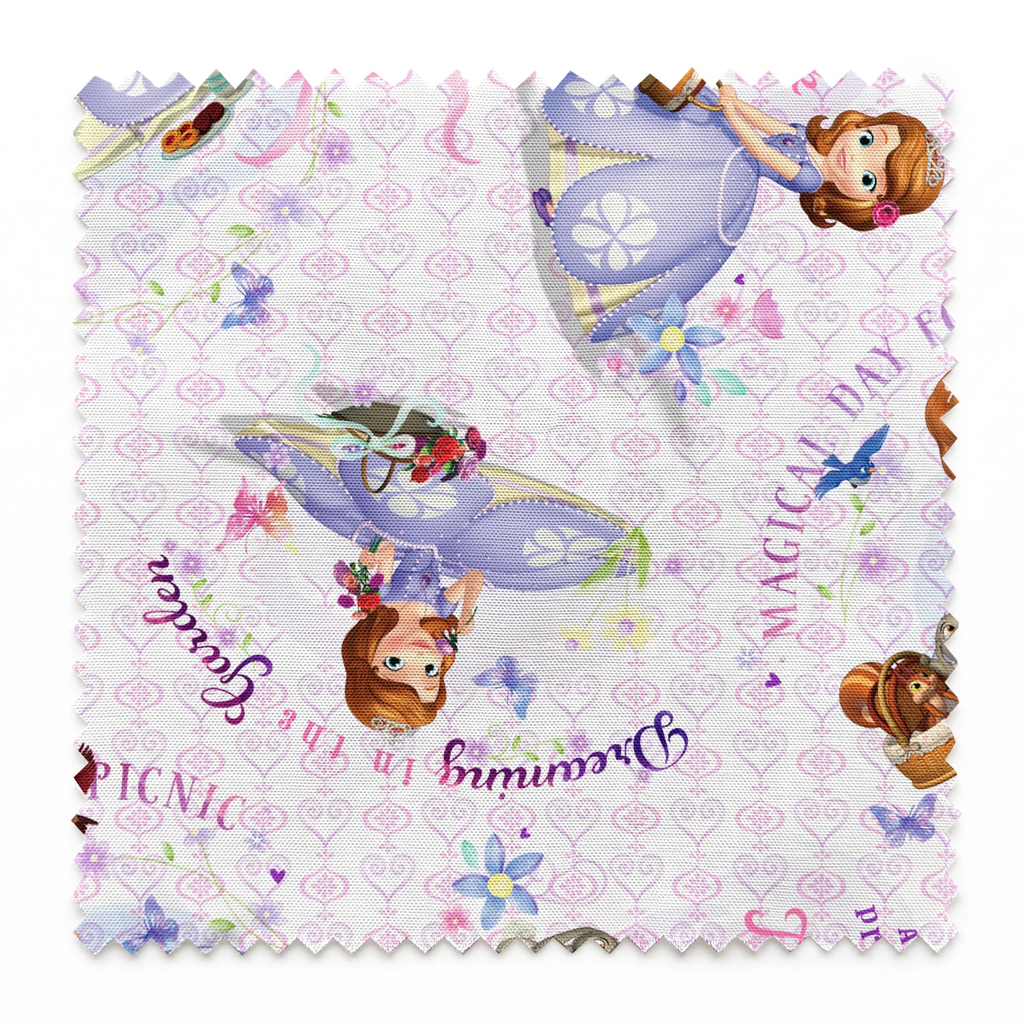 Disney Sofia the First Princess-themed pattern with characters in purple dresses, crowns, and the text "Beautiful Princess" on light purple background springs swatch pinked
