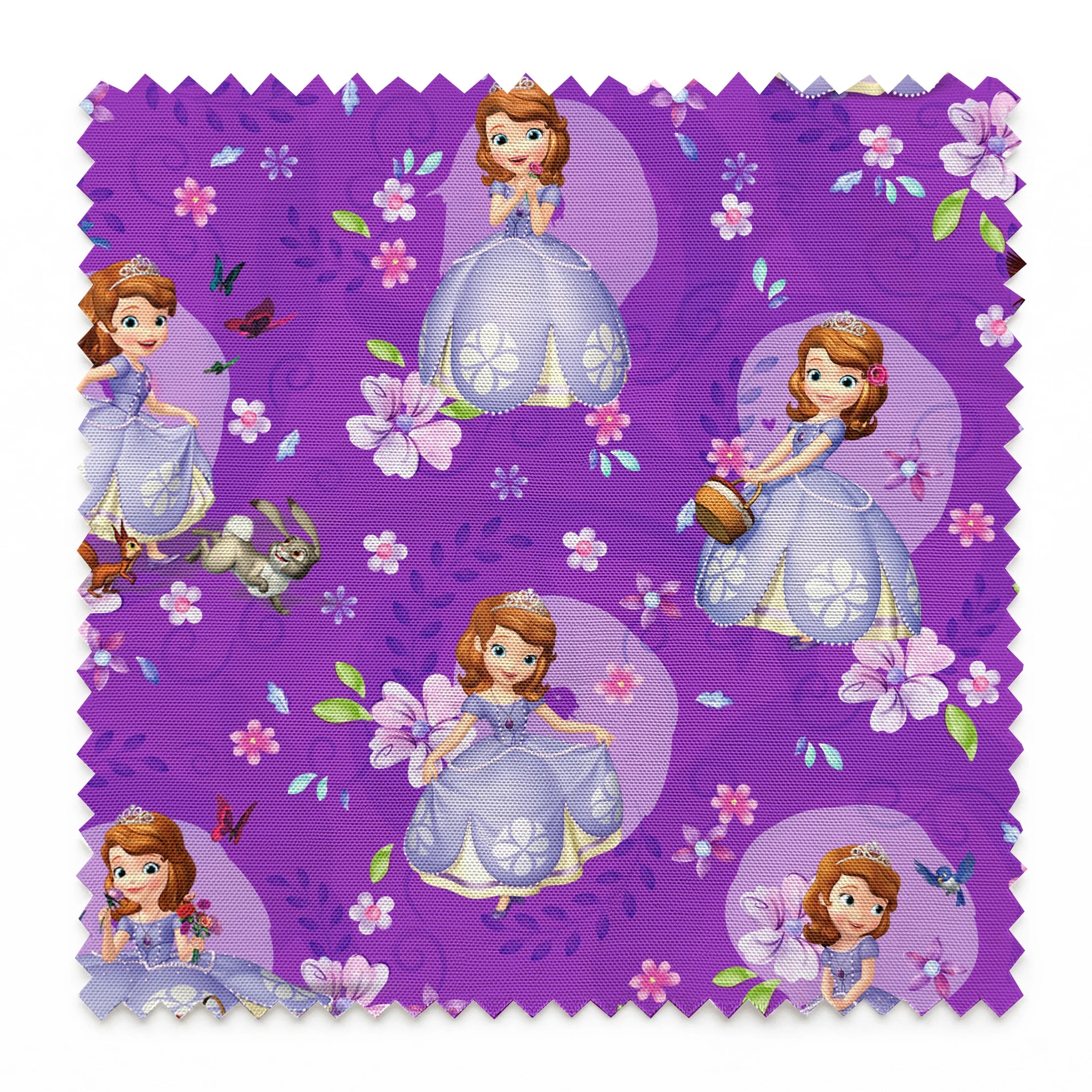 Purple background with repeating pattern of Sofia character in lavender dress surrounded by pink flowers and circular accents springs swatch pinked