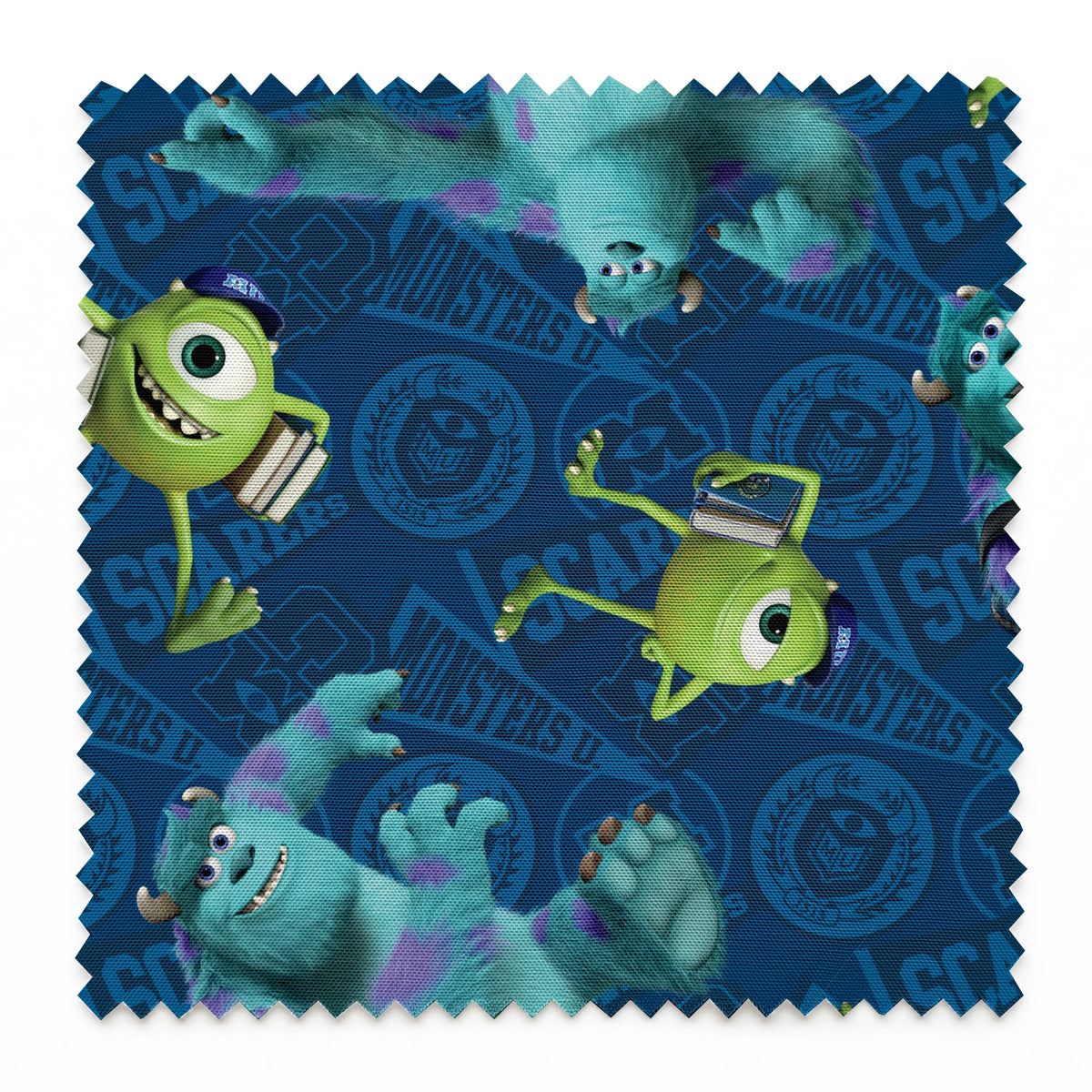Monsters Inc characters pattern with Mike Wazowski and Sully on blue background springs swatch pinked