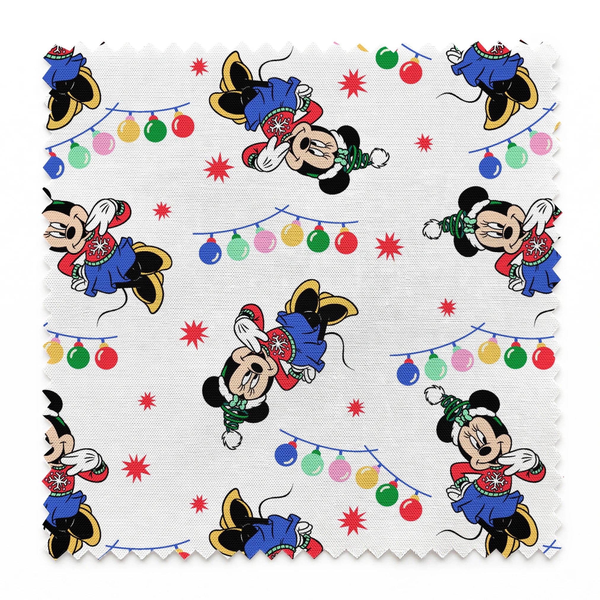 Minnie Mouse in Santa hats with blue outfits surrounded by colorful string lights and red stars on white background springs swatch pinked