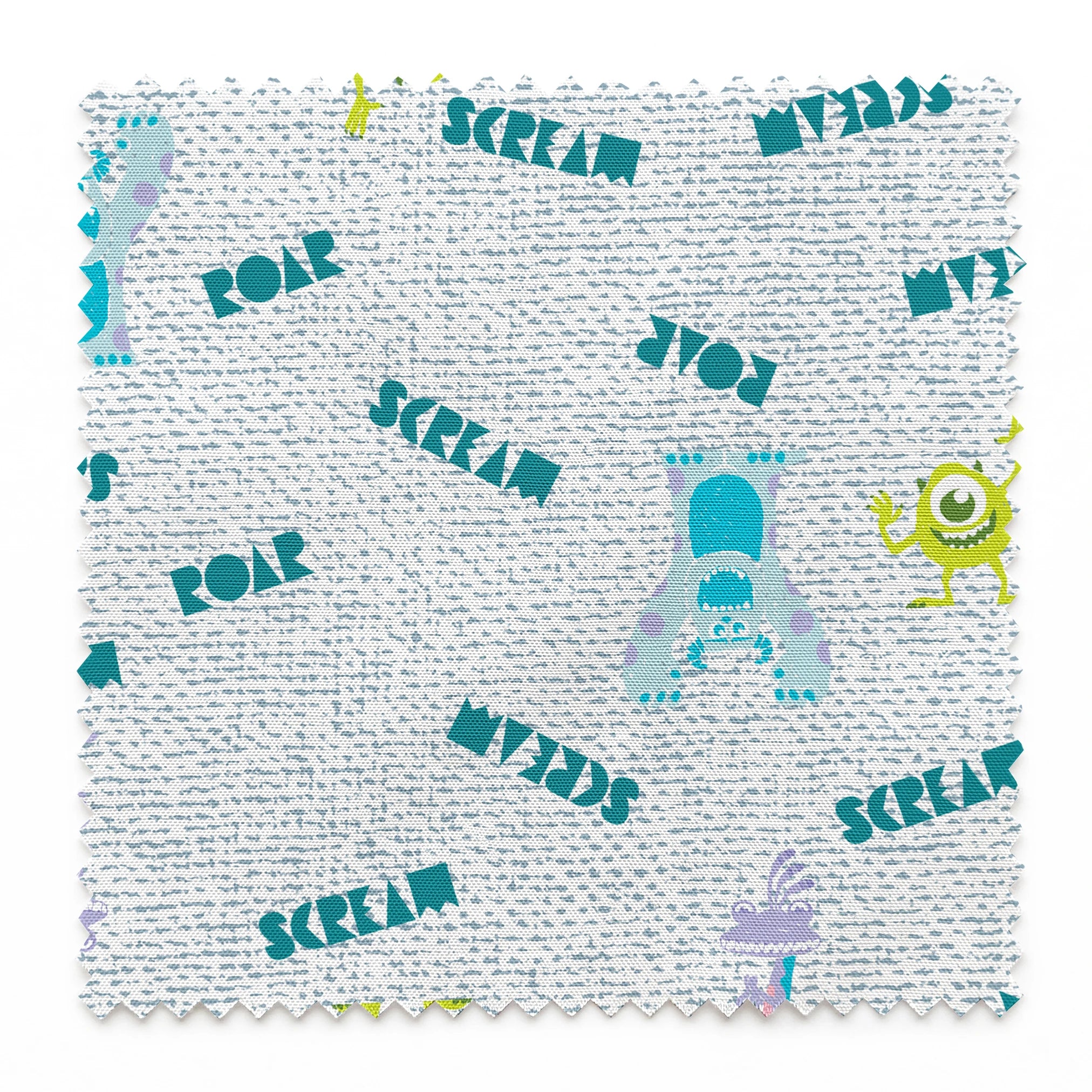 Monsters Inc pattern with teal "SCREAM" text, Mike Wazowski and Sulley on light textured background springs swatch pinked