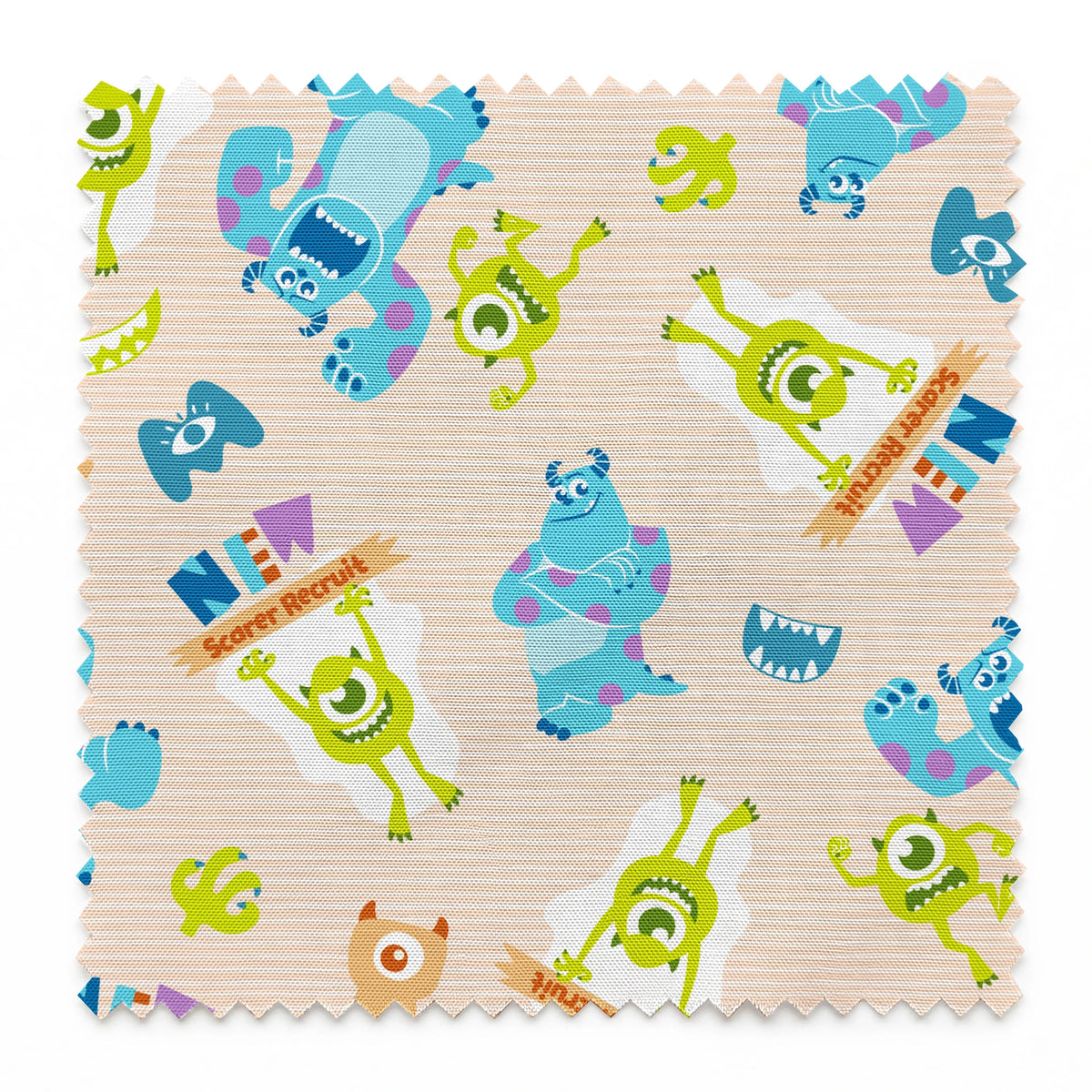 Colorful Monsters Inc pattern with Mike and Sully characters on peach background with scattered letters springs swatch pinked