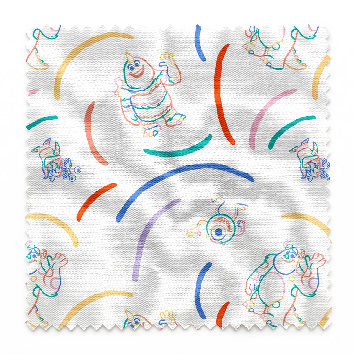 Colorful line drawing pattern with Monsters Inc characters surrounded by curved arcs in rainbow colors springs swatch pinked