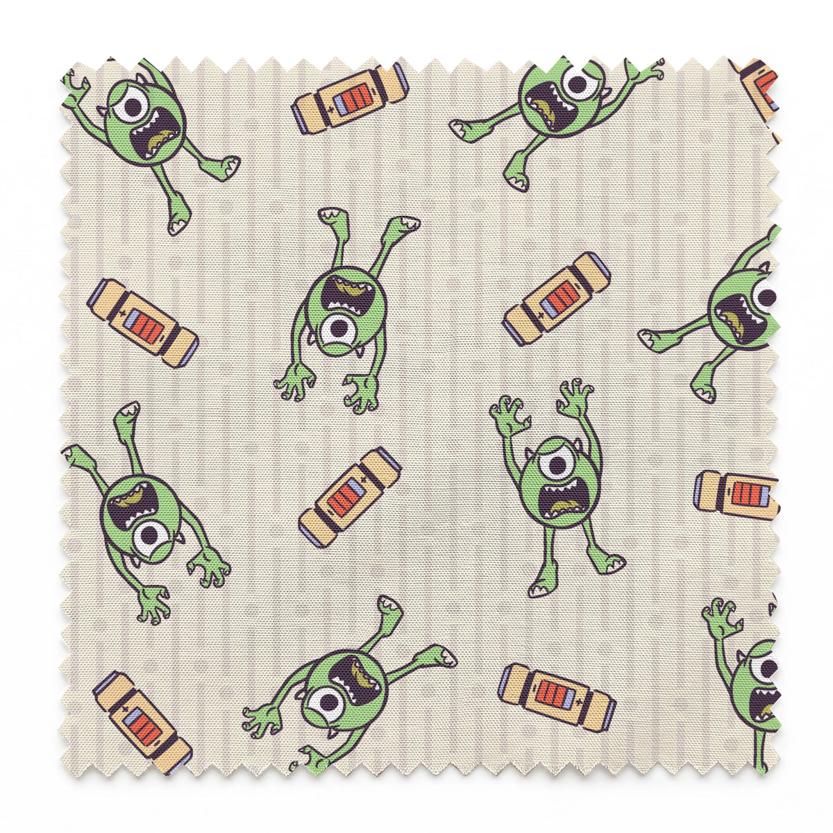 Cartoon Mike Wazowski pattern on light striped background springs swatch pinked