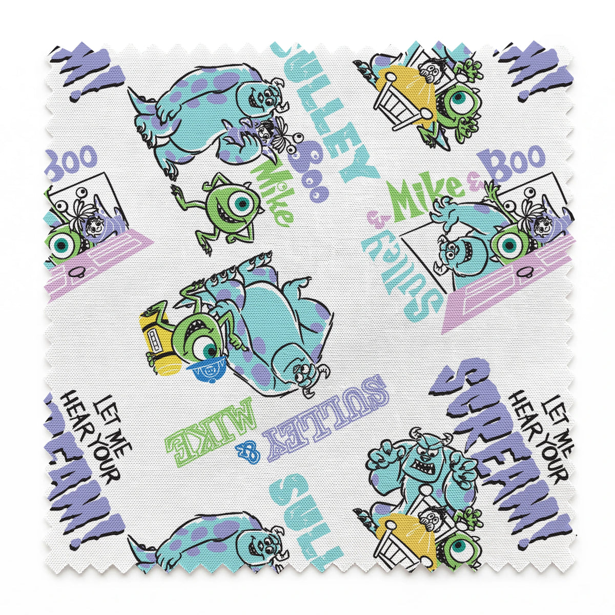 Monsters Inc pattern with Sulley and Mike characters in blue and green, with text like "Boo" and "Monsters" scattered throughout. springs swatch pinked